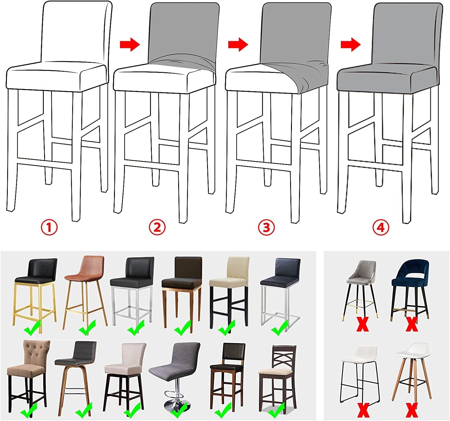 Stretch Bar Stool Slipcover - Jacquard Fabric Elastic Bottom Seat Cover for Counter Stools, Pub Chairs & Dining Room Furniture | Removable Washable Cover for Home, Cafe & Restaurant Use