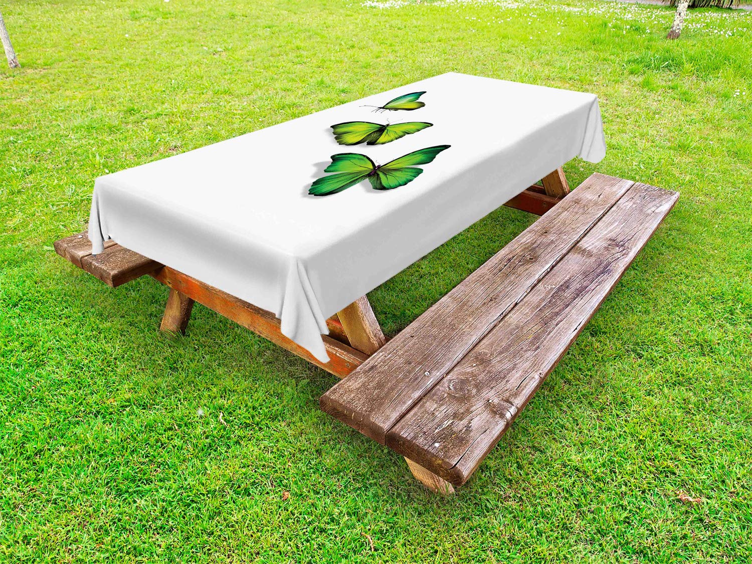 Ambesonne Green Outdoor Tablecloth - 3 Vibrant Butterflies Design on White Background, Spring Nature Theme, Washable Picnic Table Cover 58x84 Inches, Lime & Fern Green - Perfect for Garden Parties, BBQs, and Outdoor Dining