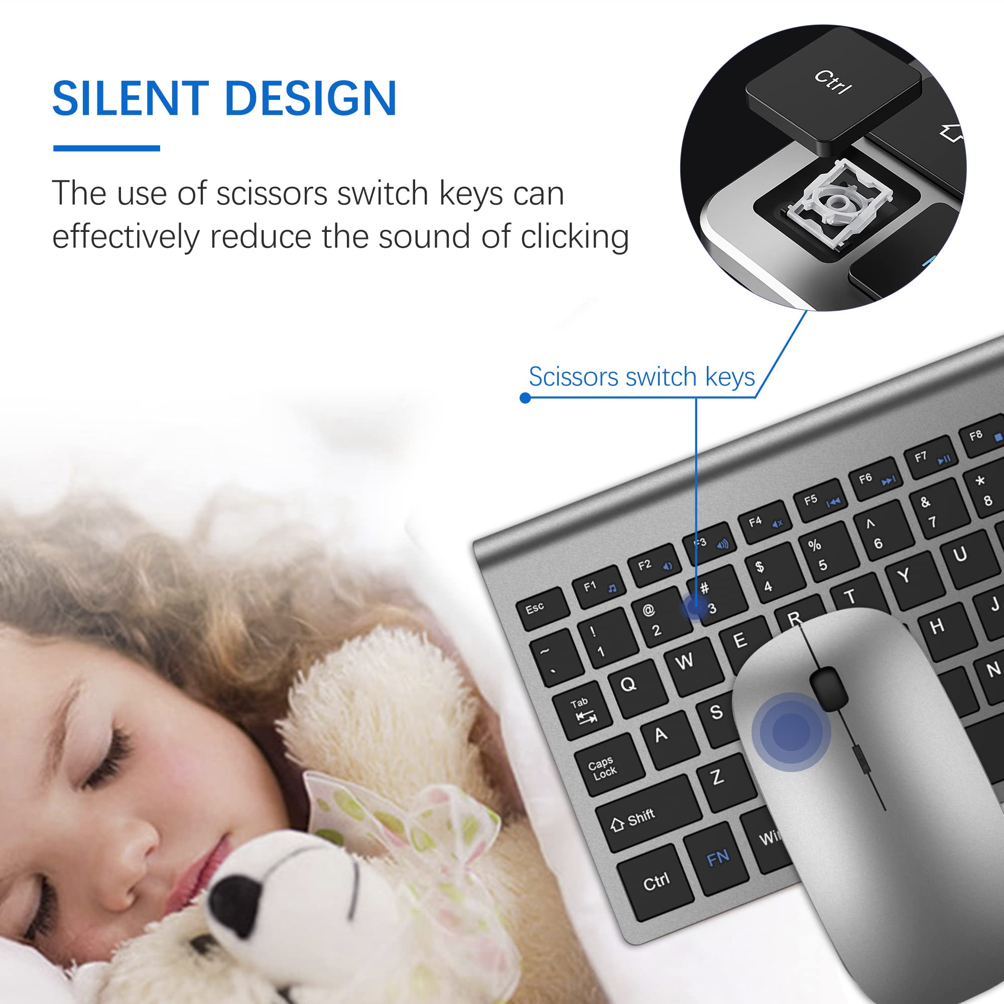 TopMate Ultra Slim Wireless Keyboard and Mouse Combo - 2.4G Silent Compact USB Mouse with Scissor Switch Keyboard, Includes Cover & Batteries (2AA/2AAA) - Compatible with PC, Laptop, Windows, Mac (Gray Black) - Perfect for Home Office, Remote Work, and Gaming Setup