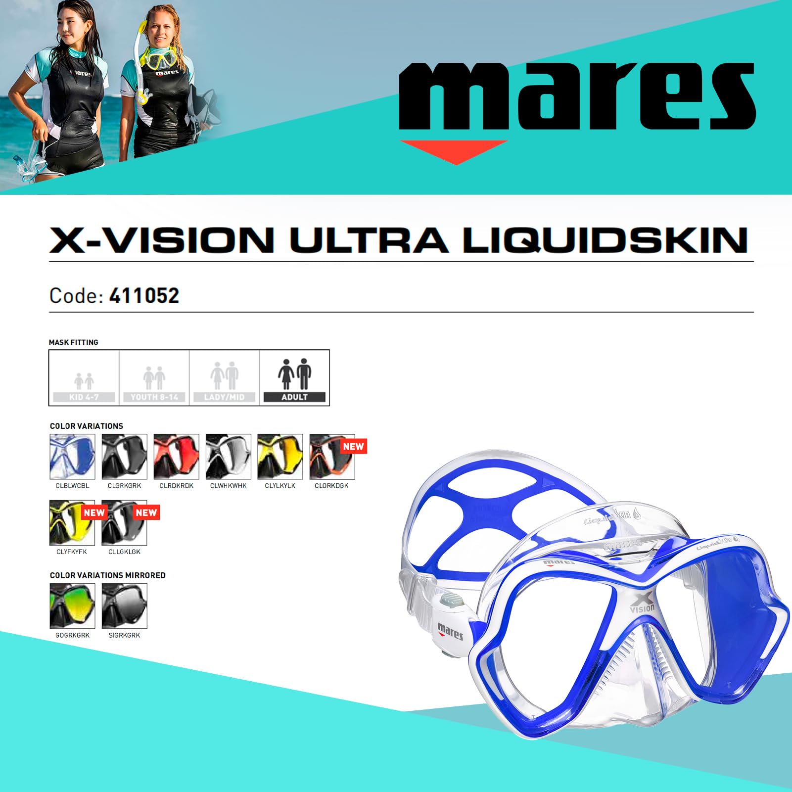 MARES X-Vision Ultra Liquidskin Scuba Diving Mask - Comfortable Silicone Face Piece with Dual Windows for Men & Women | Perfect for Snorkeling, Freediving & Underwater Photography
