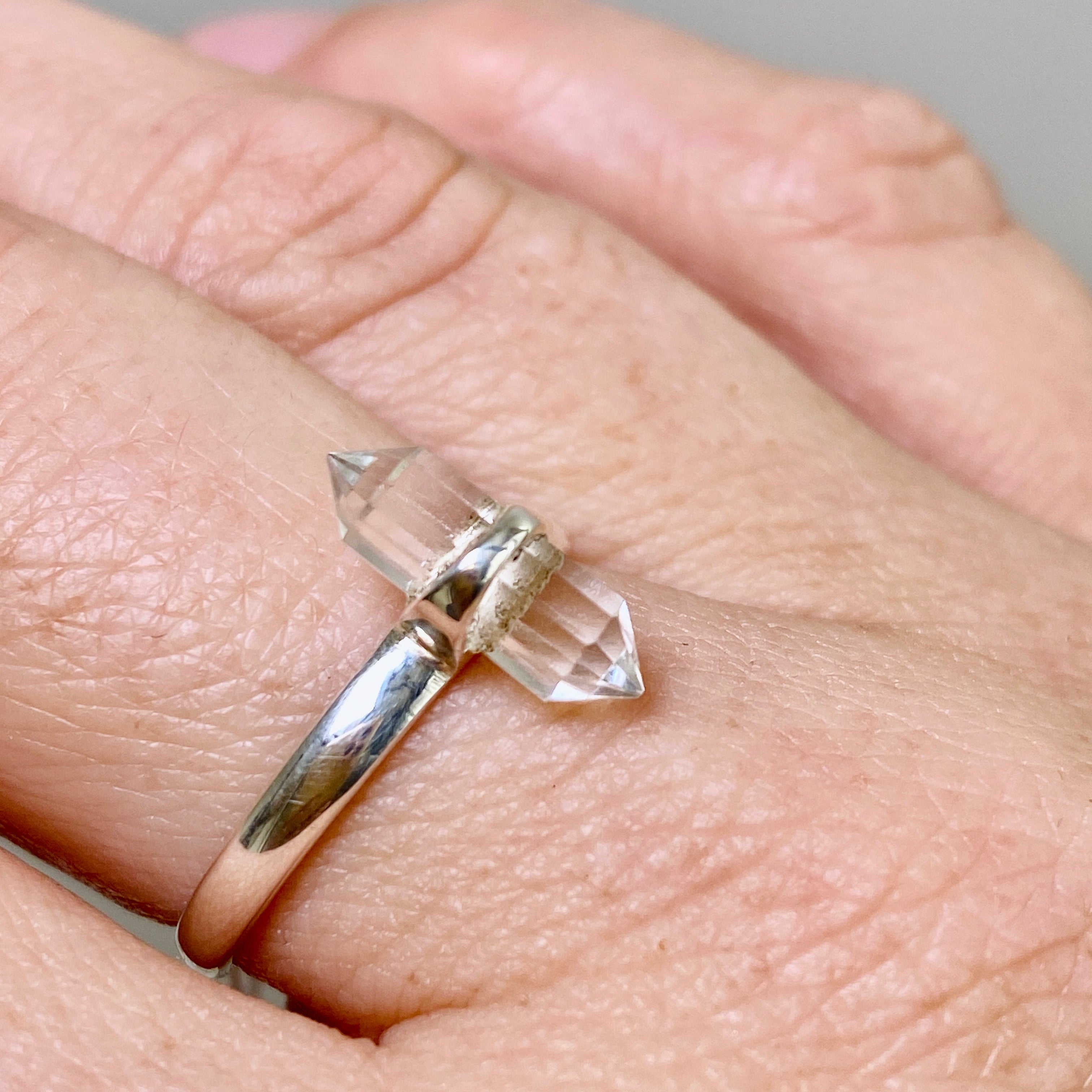 Natural Clear Quartz Double Point Ring - RRR 40 Size - Elegant Crystal Jewelry for Meditation, Healing & Spiritual Energy Work