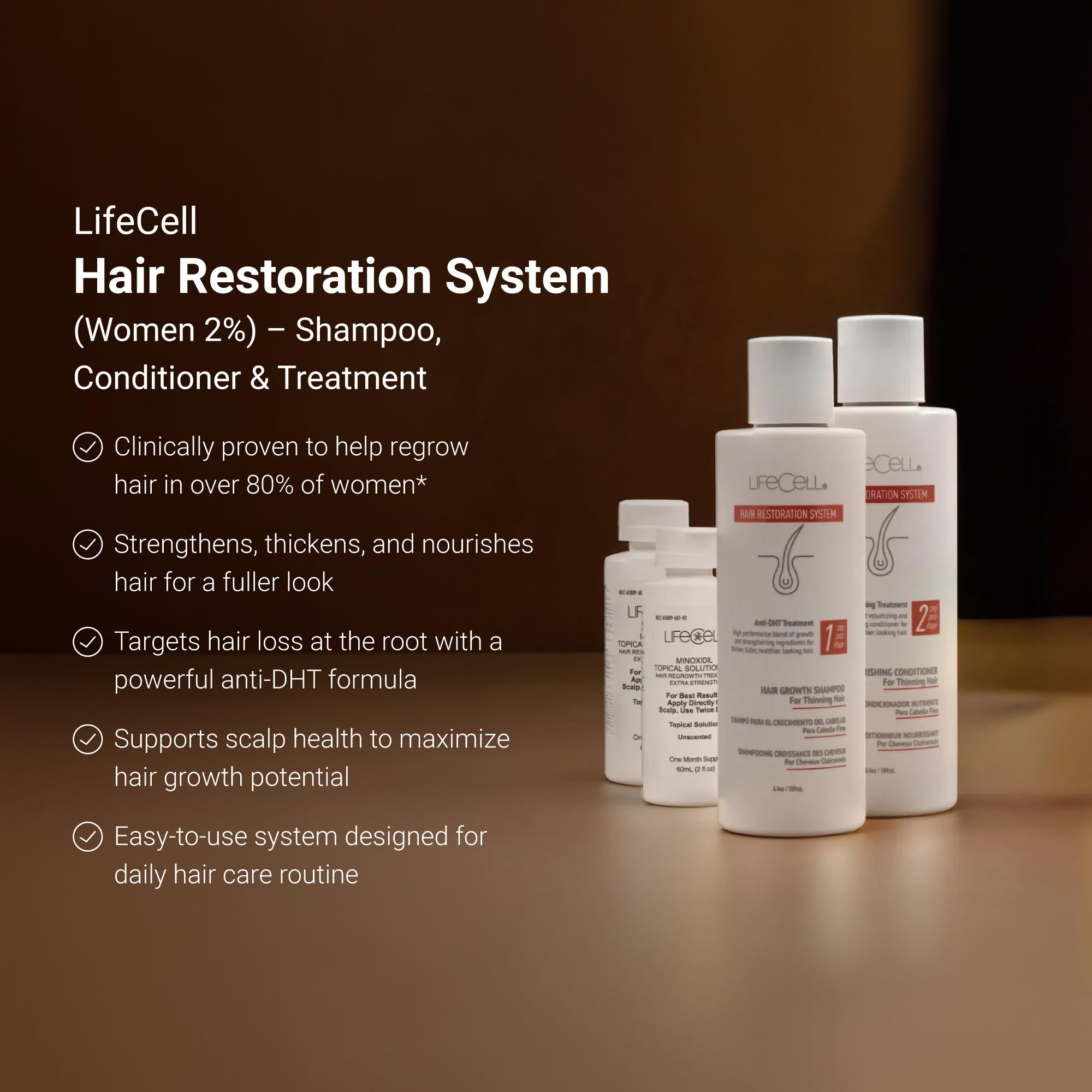 LifeCell Hair Restoration System for Women 2% Minoxidil – Hair Growth Treatment with Anti-DHT Shampoo & Conditioner – Thicker Fuller Hair – Scalp Health & Regrowth Support – 16.8 Fl Oz – Perfect for Thinning Hair & Hair Loss Prevention