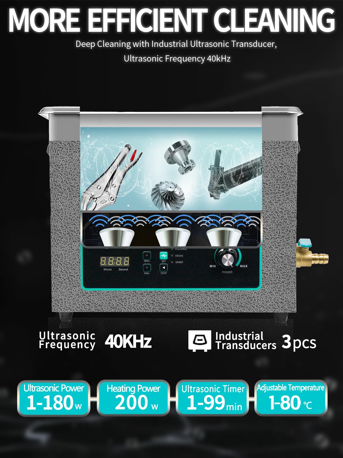 6L Ultrasonic Cleaner with Sweep Function & 180W Adjustable Power - Professional Cleaning for Carburetors, Engine Parts, Guns, Jewelry, Watches & More | Perfect for Automotive, Industrial & Home Use