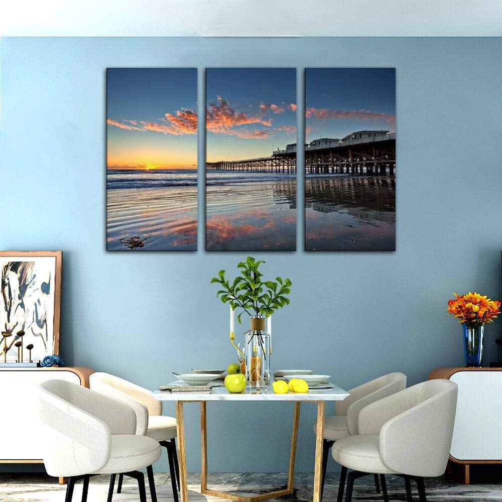 3 Panel Wall Art Modern Canvas Prints - Sunset at Crystal Pier, Pacific Beach San Diego California - Wooden Framed Pictures for Living Room & Bedroom Decor - Ready to Hang - Perfect for Coastal, Beach House & Boho Home Decor