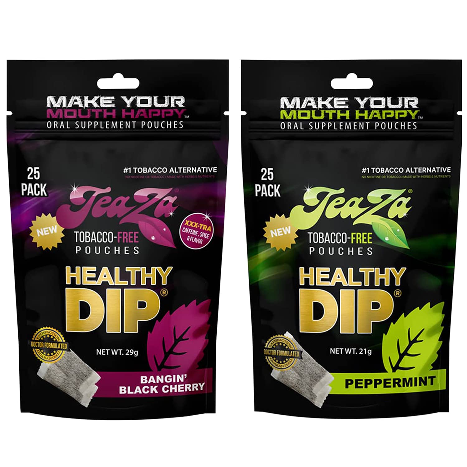 TeaZa Herbal Energy Pouch - Tobacco Free Alternative | 2 x 25 Pouch Pack | Peppermint & Black Cherry Flavors | Natural Energy Boost for Workouts, Travel & Focus