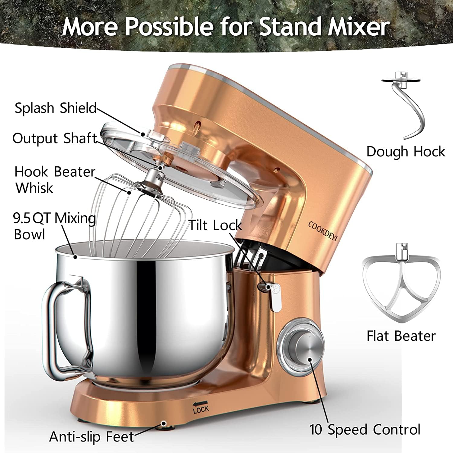COOKLEE 9.5 Qt Stand Mixer - 660W Powerful 10-Speed Electric Kitchen Mixer with Dishwasher-Safe Attachments (Dough Hook, Flat Beater, Wire Whip & Pouring Shield) - Perfect for Baking, Whipping & Mixing - Ideal for Home Bakers & Cooking Enthusiasts - Champagne Color