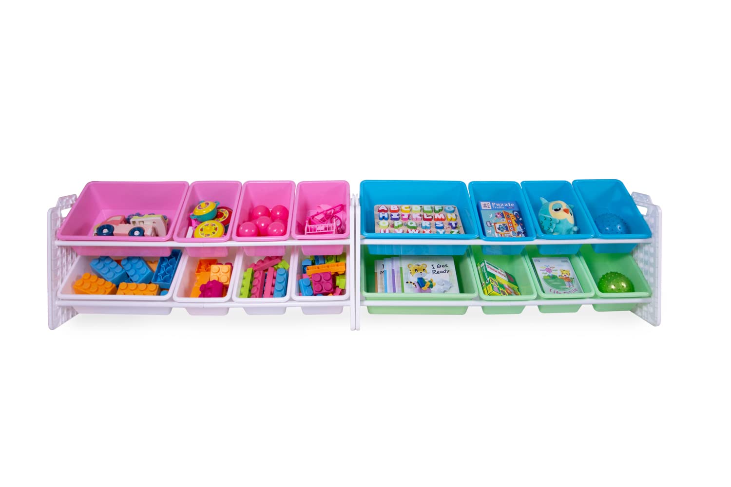 UNiPLAY 16-Bin Toy Storage Organizer with Removable Bins & Baseplate Frame - Kids Books, Building Blocks, School Supplies & Toys Storage Solution (Pink) - Perfect for Playrooms, Classrooms & Home Organization
