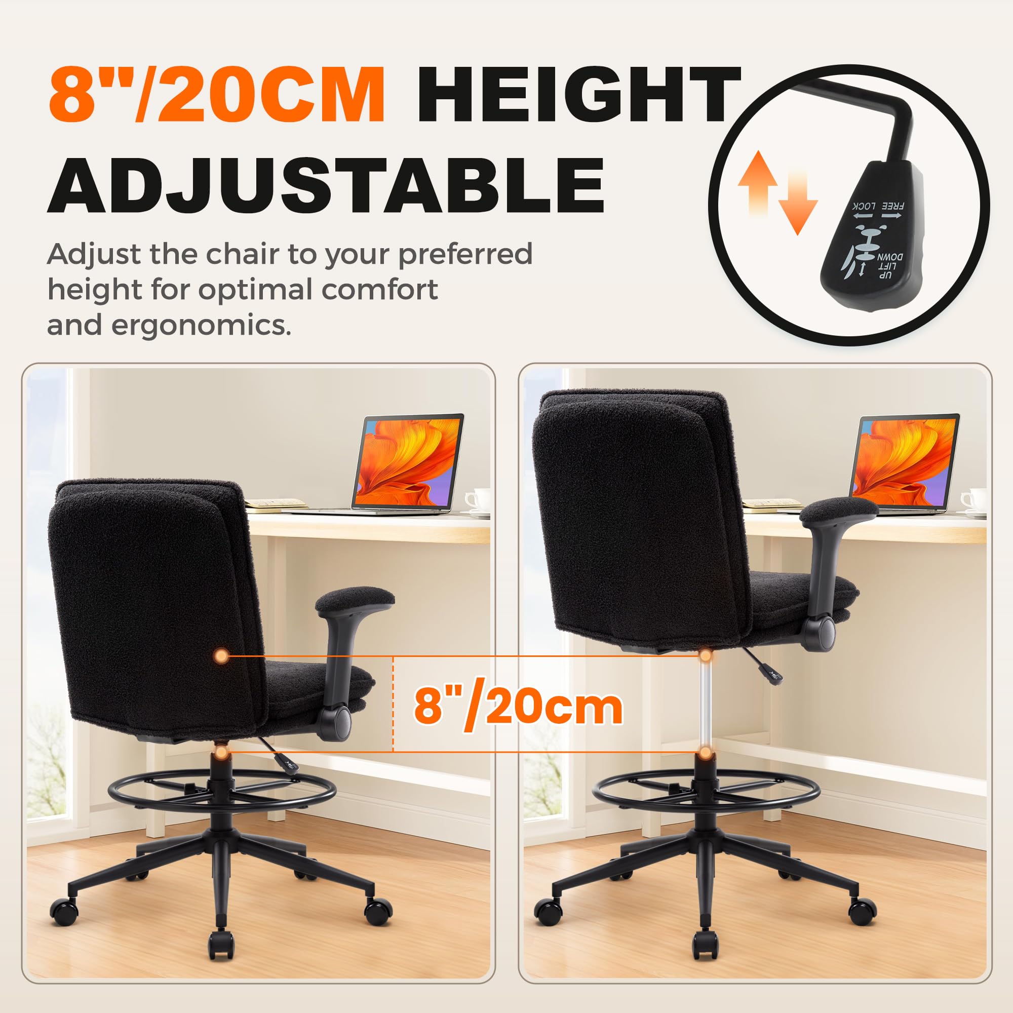Ergonomic Adjustable Height Drafting Chair with Padded Armrests & Footrest Ring - Tall Office Stool for Standing Desk, Computer Work & Counter Height Tables - Perfect for Home Office, Architects & Artists (Black)