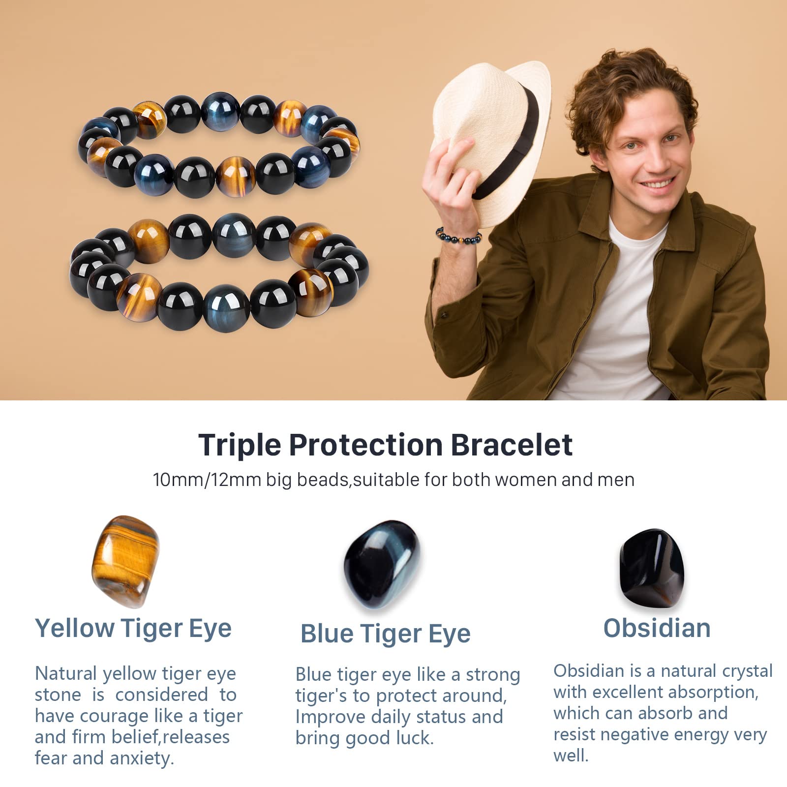 10MM Tiger Eye & Black Obsidian Beaded Bracelet for Men & Women - Triple Protection, Anxiety Relief, Courage Booster | Healing Crystal Energy Bracelet for Meditation, Stress Relief & Spiritual Growth