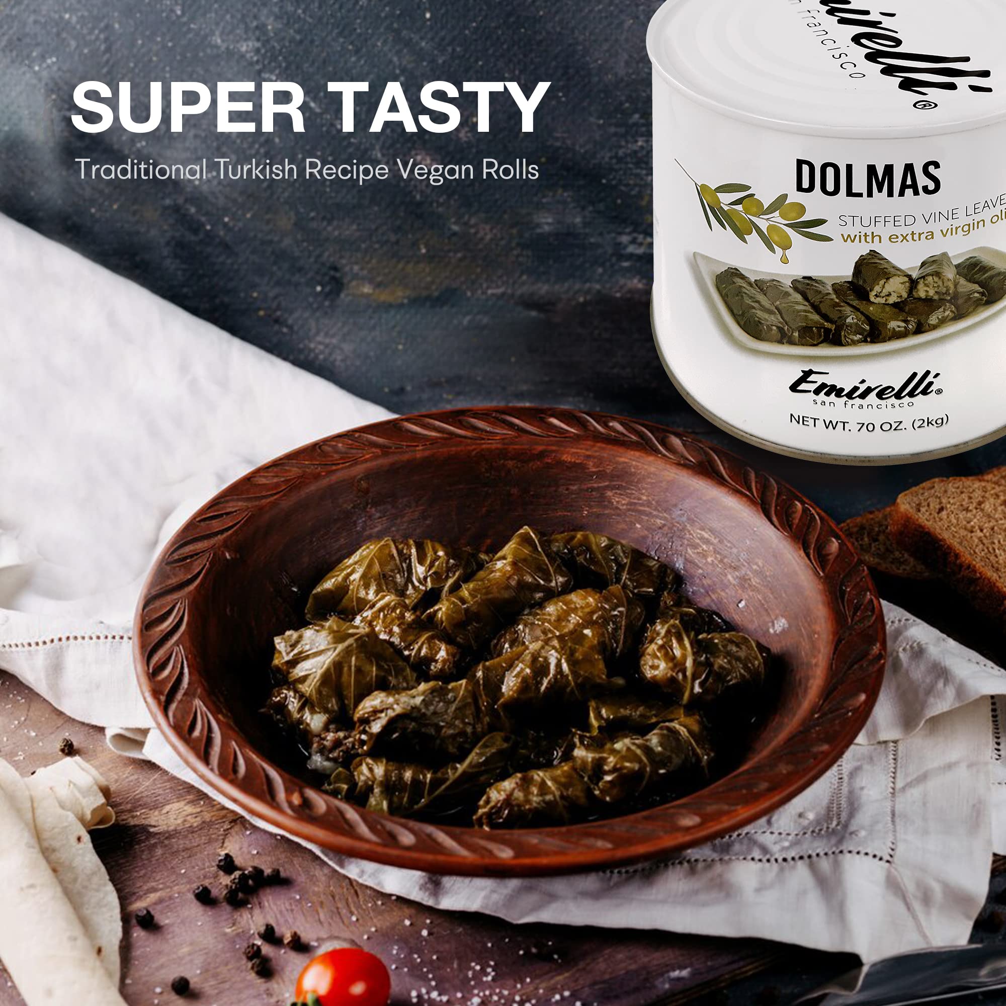 Emirelli Dolmas Stuffed Grape Leaves with Rice - Mediterranean Herbs in Extra Virgin Olive Oil | Ready-to-Eat Vegan Rolls | Authentic Turkish Dolmades Recipe | Perfect for Appetizers, Picnics & Mediterranean Diet Meals