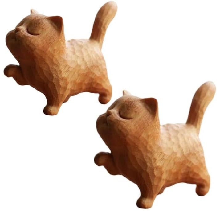 Handmade Wooden Cat Sculpture - Tiny Cute Carved Wood Cat Figurine, Unique Home & Office Decor, Perfect Gift for Cat Lovers (2PC) - Ideal for Bookshelf Display, Desk Decor, and Gift Giving Occasions