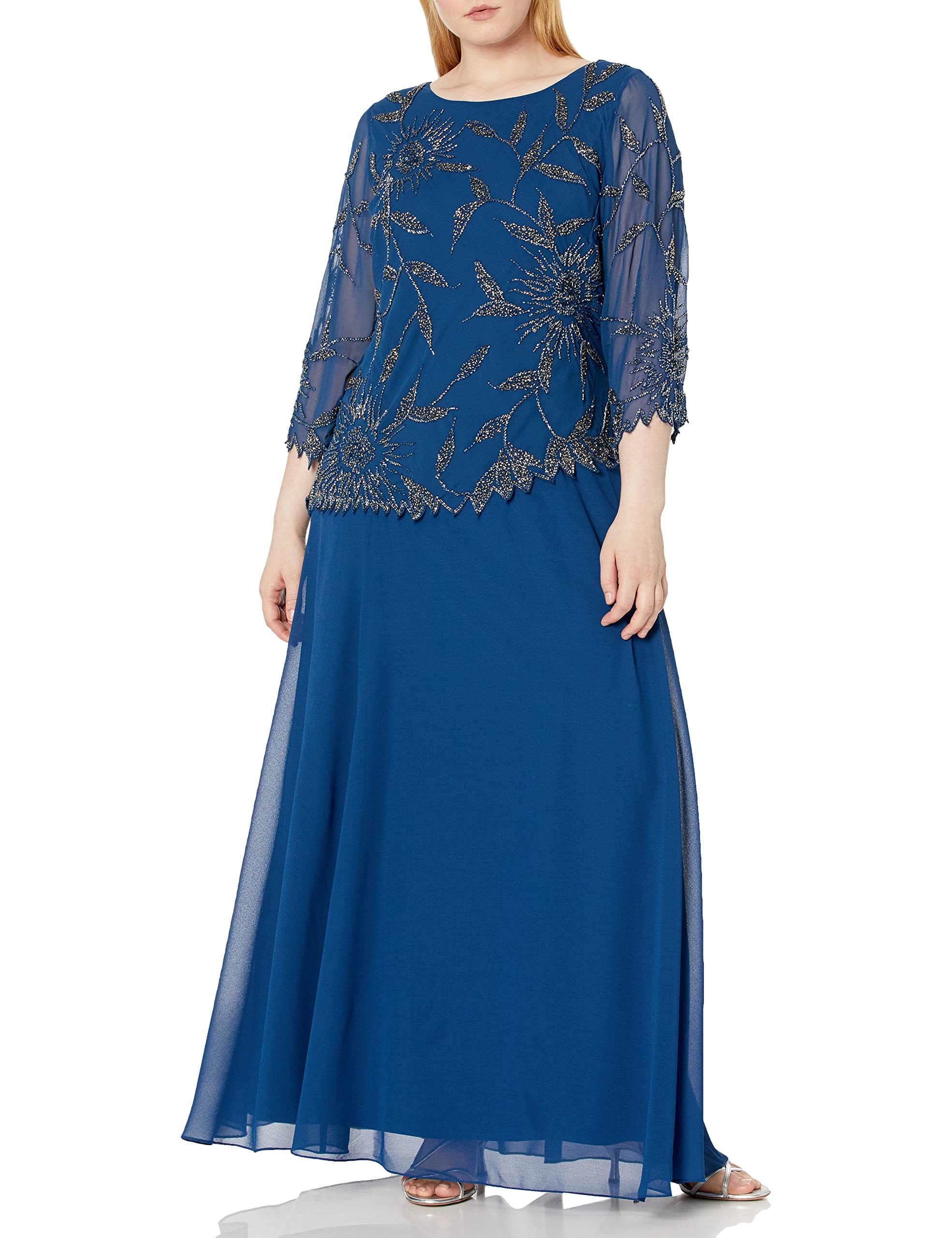 **J Kara Women's Plus Size Beaded Scoop Neck 3/4 Sleeve Long Dress – Elegant Evening Wear for Parties, Weddings & Special Occasions**