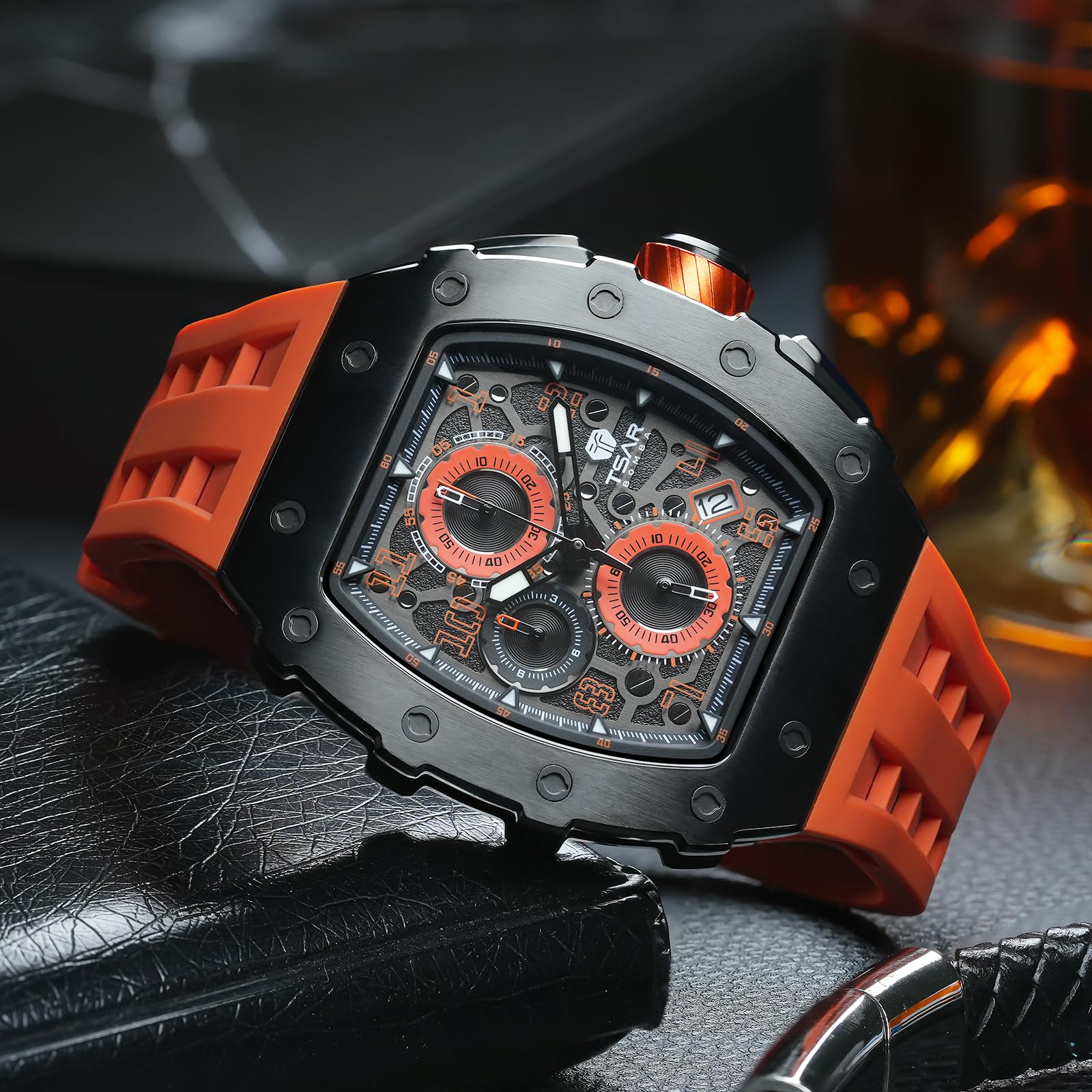 TSAR BOMBA Luxury Men's Watch - 50M Waterproof Tonneau Chronograph with Japanese Quartz Movement & Silicone Band - Perfect for Business, Casual & Outdoor Activities - Ideal Gift for Men