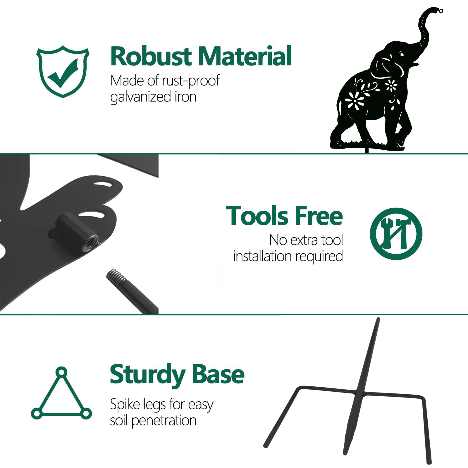 Solar Powered Elephant Garden Stakes - Outdoor Solar Decor Metal Elephant Statue with LED Light, Animal Lantern for Yard & Lawn Decoration - Perfect for Patio, Pathway, Flower Bed Lighting at Night