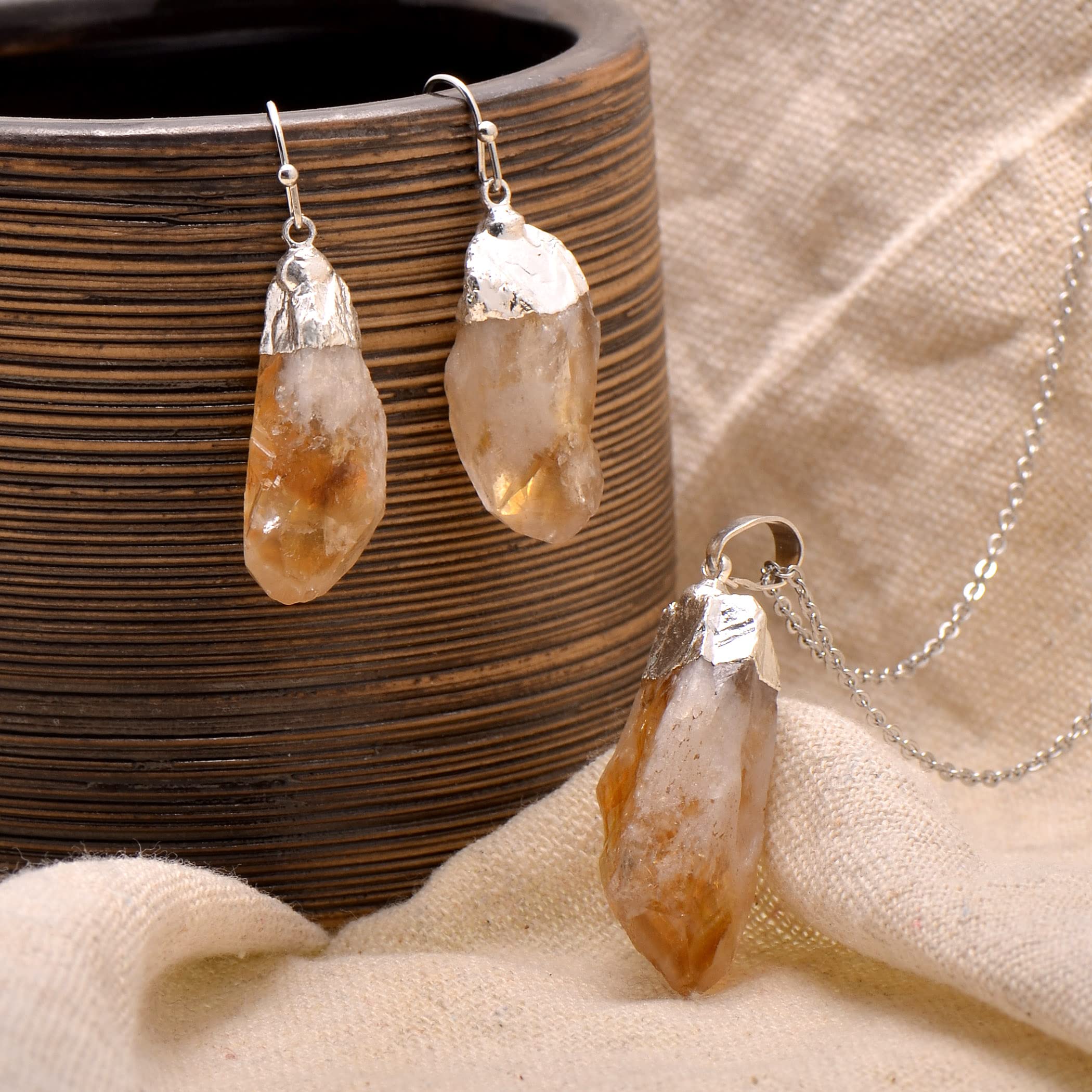 Natural Citrine Crystal Point Rough Stone Earrings & Necklace Set for Women - White Gold Tone Jewelry for Healing, Meditation & Spiritual Gifts