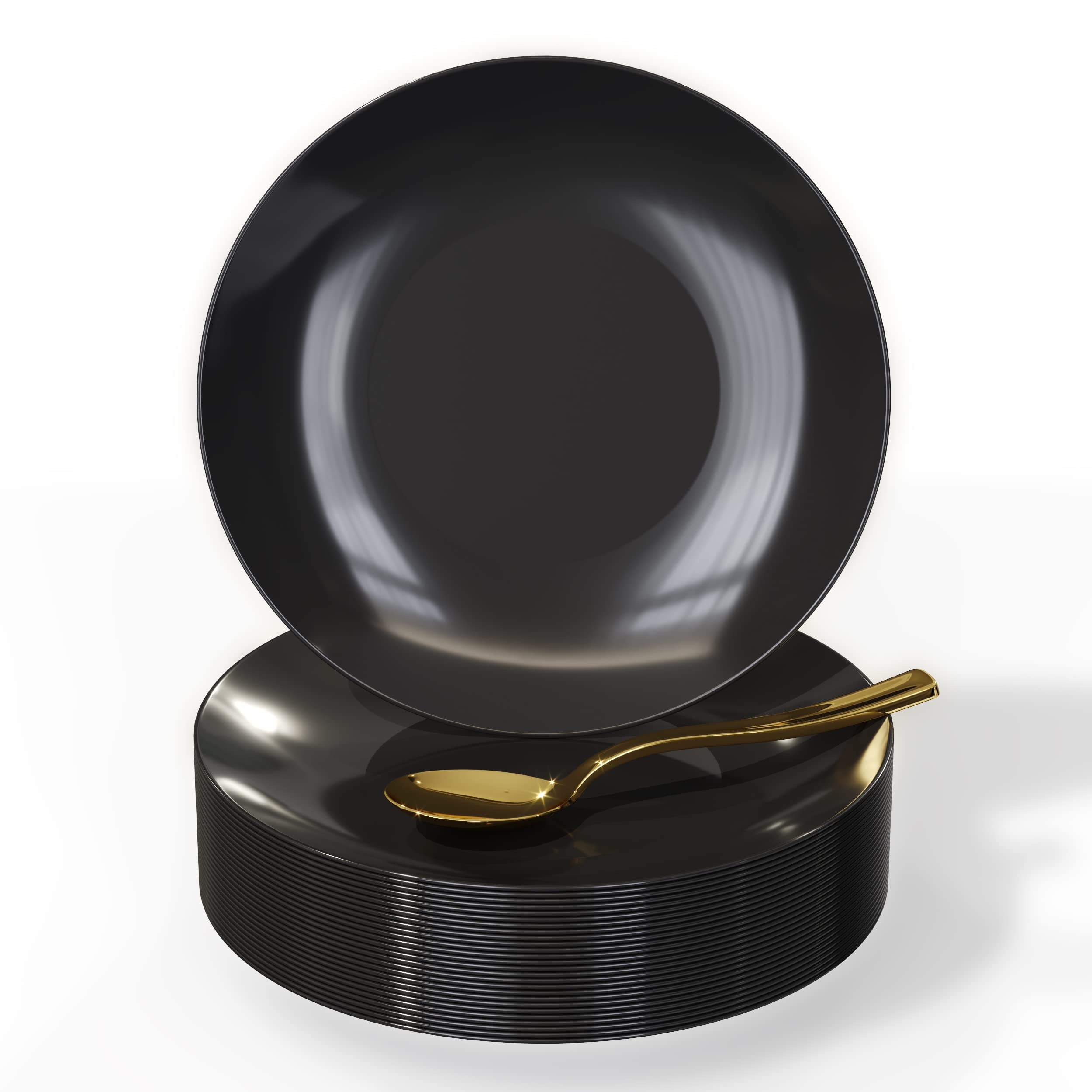 Trendables 120CT Disposable Dessert Plates with Gold Spoons - Elegant Black Small Plastic Plates for Parties, Weddings & Events (Serves 60 People) - Perfect for Birthday Celebrations, Baby Showers & Catering