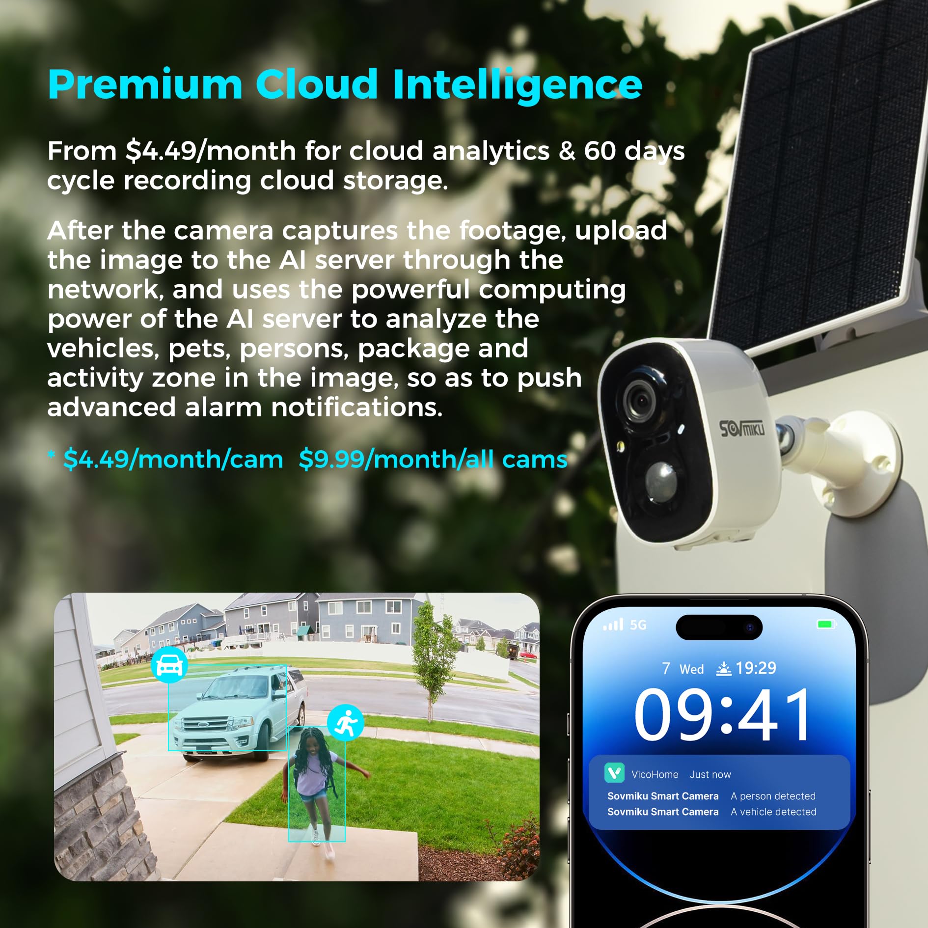 SOVMIKU 3CG6 2K Wireless Solar Security Camera Outdoor - PIR Motion Detection, Battery Powered, Easy Setup, 2-Way Audio, Alarm Siren, 2.4GHz WiFi, Color Night Vision, SD Card Slot - Ideal for Home Security, Garage Monitoring & Backyard Surveillance