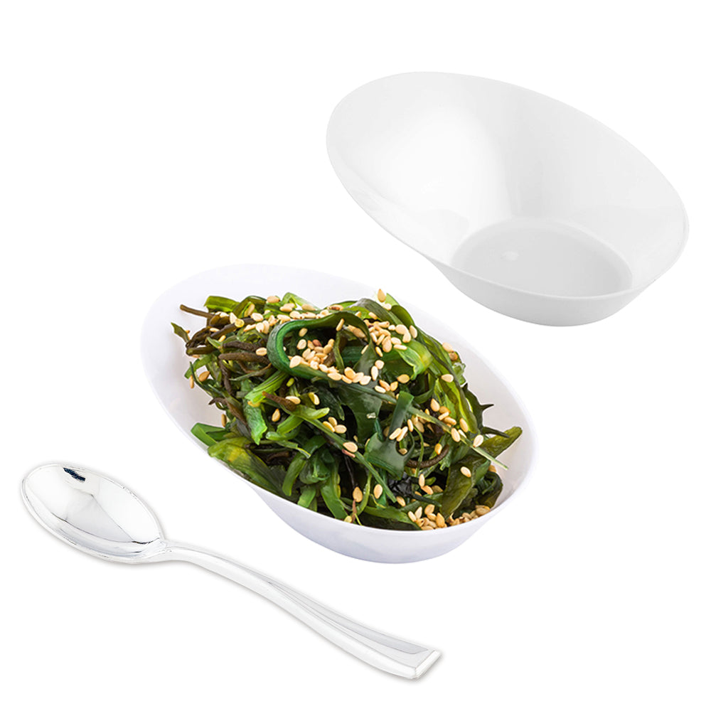 100-Pack White Plastic Oval Dishes & 100 Silver Mini Plastic Spoons for Party, Wedding, Catering, and Dessert Serving