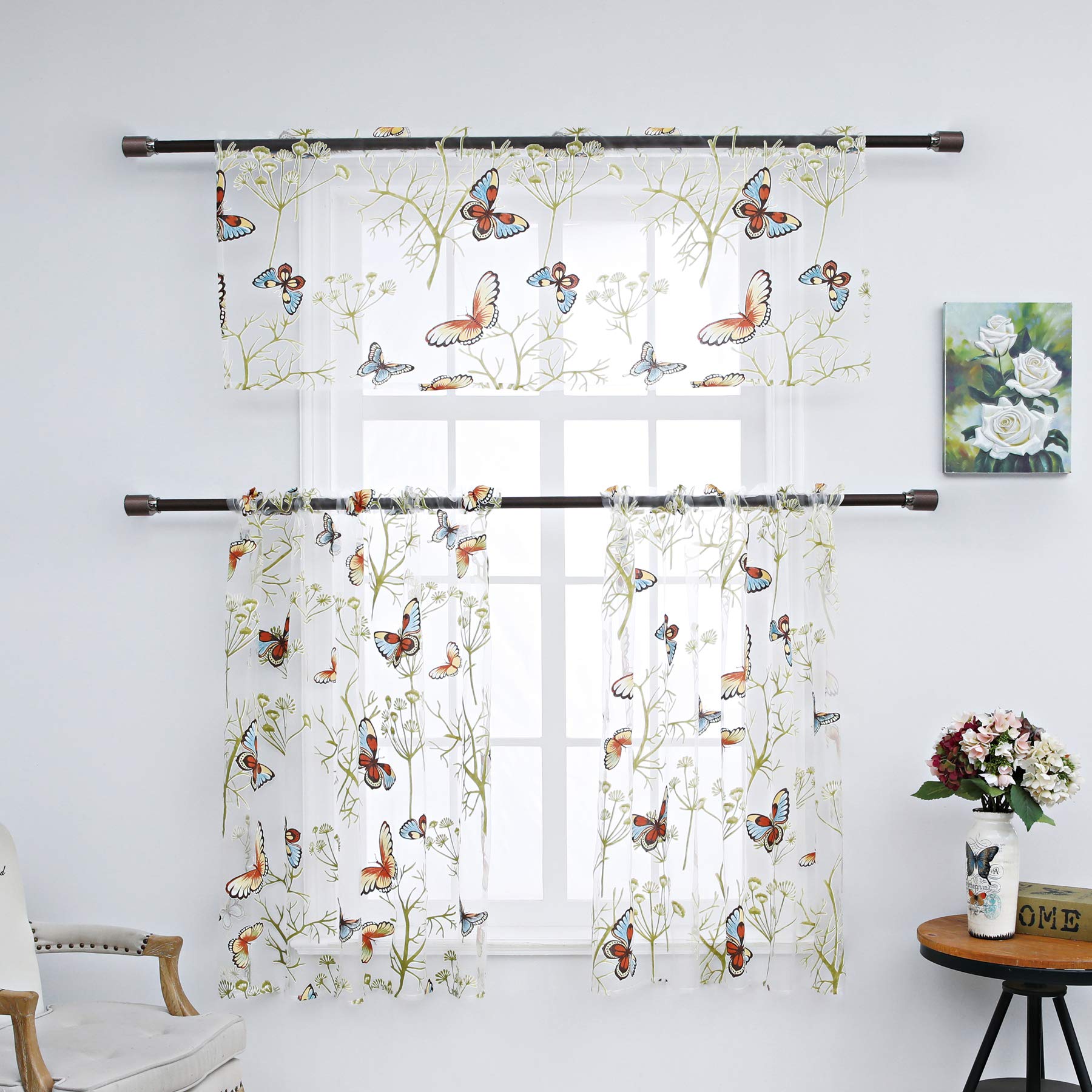 3-Piece Butterfly Printed Kitchen Sheer Curtain Set with Valance - Tier Curtains & Rod Pocket Top Drapes for Living Room, Bedroom Windows - Perfect for Farmhouse, Cottage & Vintage Home Decor