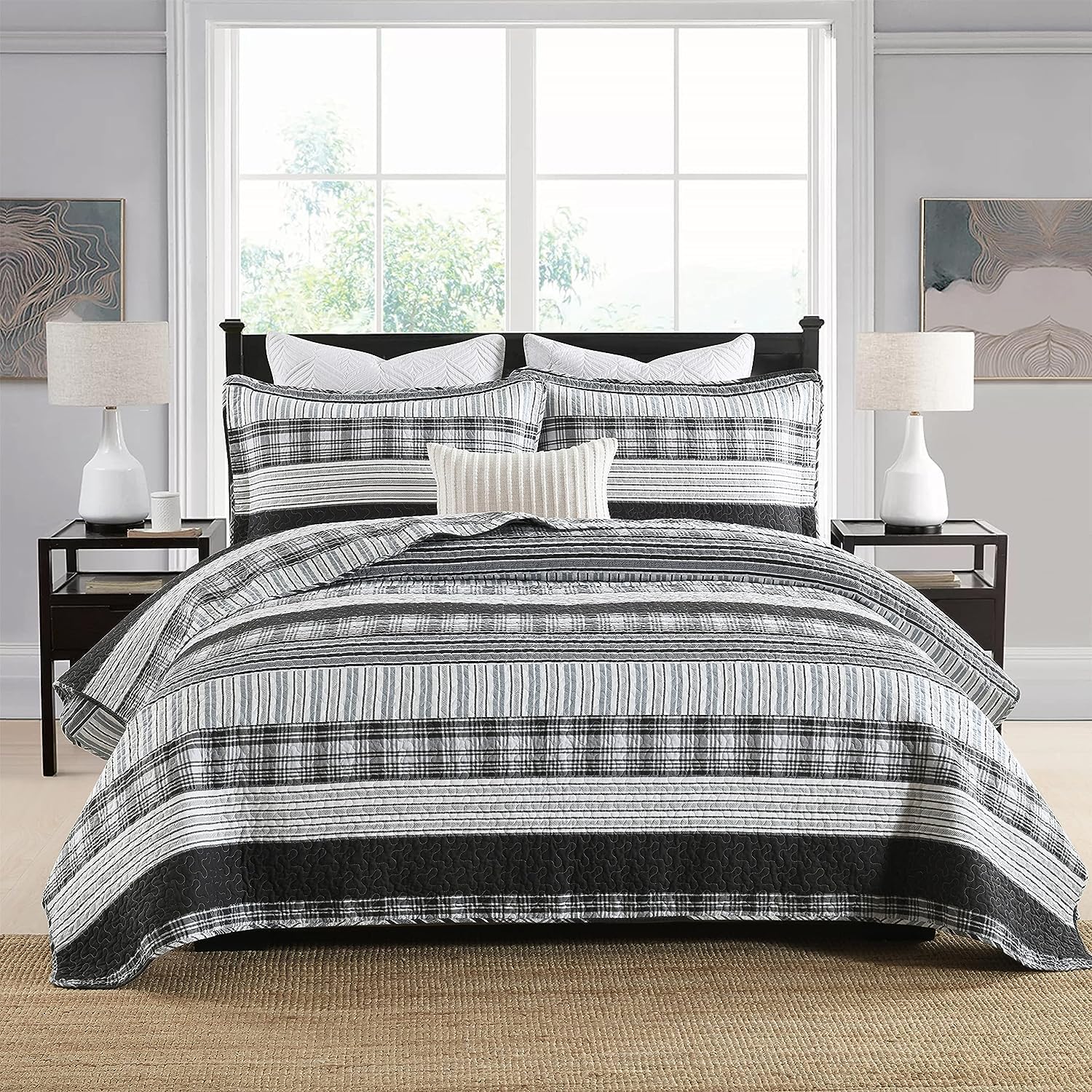 Homzard King Size Quilt - Black & White Striped Cotton Comforter Set | Grey Farmhouse Bedding | Lightweight All-Season Duvet Cover for Master Bedroom, Guest Room & Cozy Home Decor