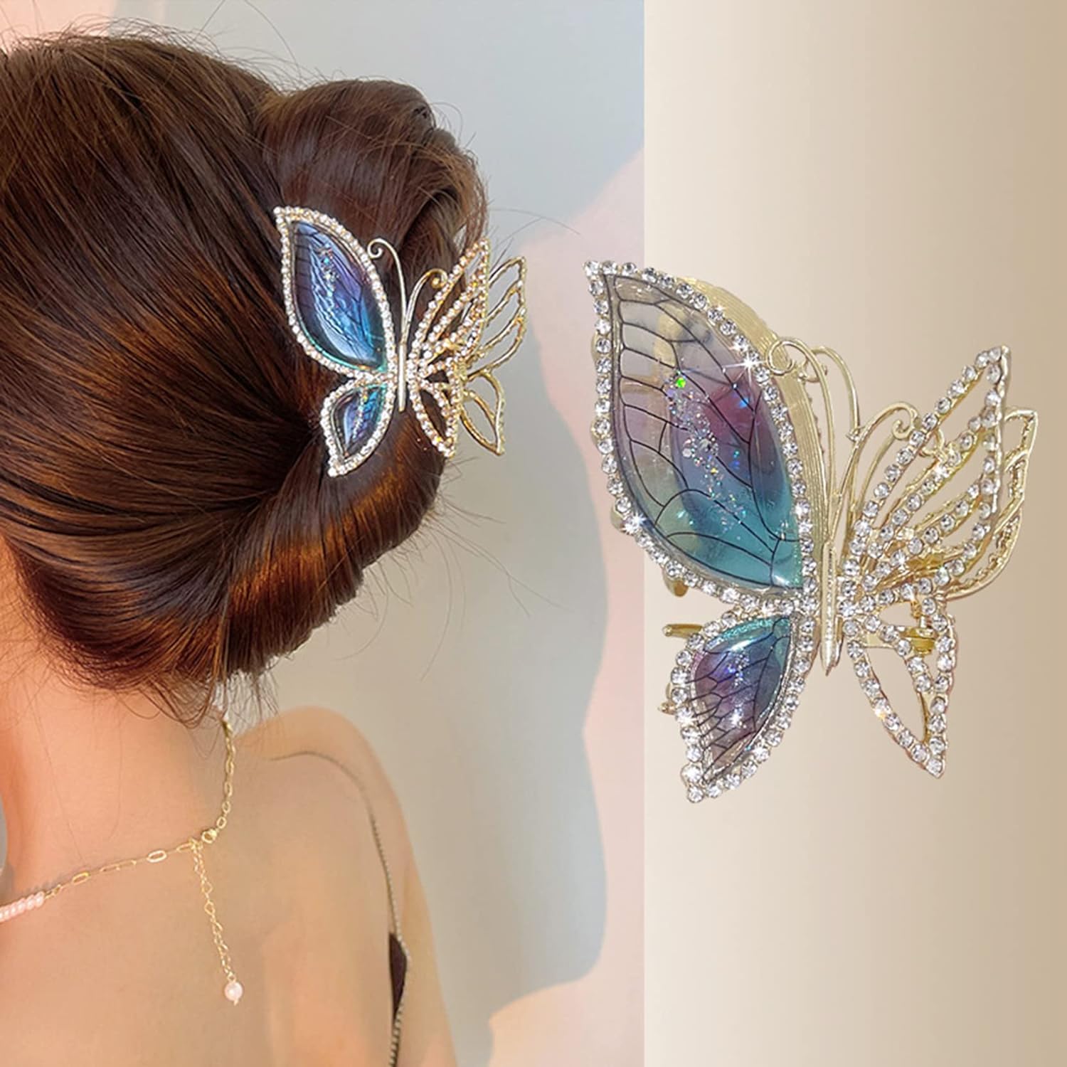 1 PCS Butterfly Metal Hair Claw Clip - Fashion Sparkly Glitter Rhinestone Hair Clip for Women, Girls - Strong Hold Jaw Clip for Ponytail, Bun, Updo - Perfect for Parties, Weddings, Daily Use