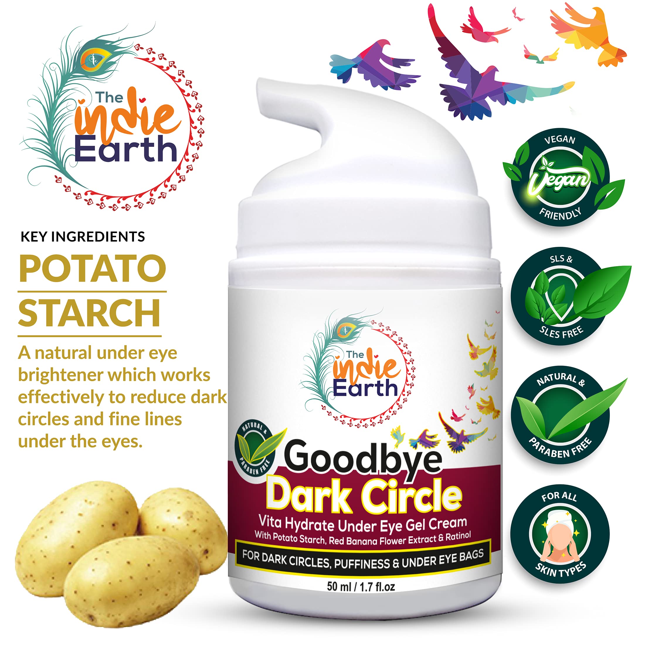 Indie Earth Goodbye Dark Circles Vita Rich Under Eye Gel Cream – 50ml with Potato Starch, Red Banana Flower Extract & Retinol | Best Eye Gel for Dark Circles, Puffiness & Fine Lines | Perfect for Night Routine & Travel Skincare