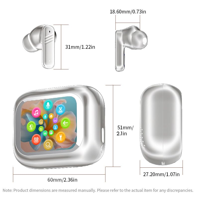 Wireless Bluetooth 5.4 Earbuds with Touch Screen & Noise Cancelling - Digital Display Sports Earphones, IPX7 Waterproof, Hi-Fi Stereo Sound - Perfect for Running, Gym Workouts & Travel (White)