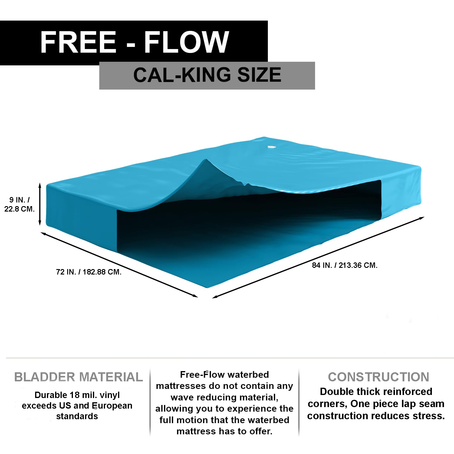 Free-Flow Full Motion Mattress - 18ml Smooth Vinyl Hardside Waterbed Bladder with Reinforced Corners (California King Size) | Perfect for Motion Isolation & Pressure Relief in Master Bedrooms