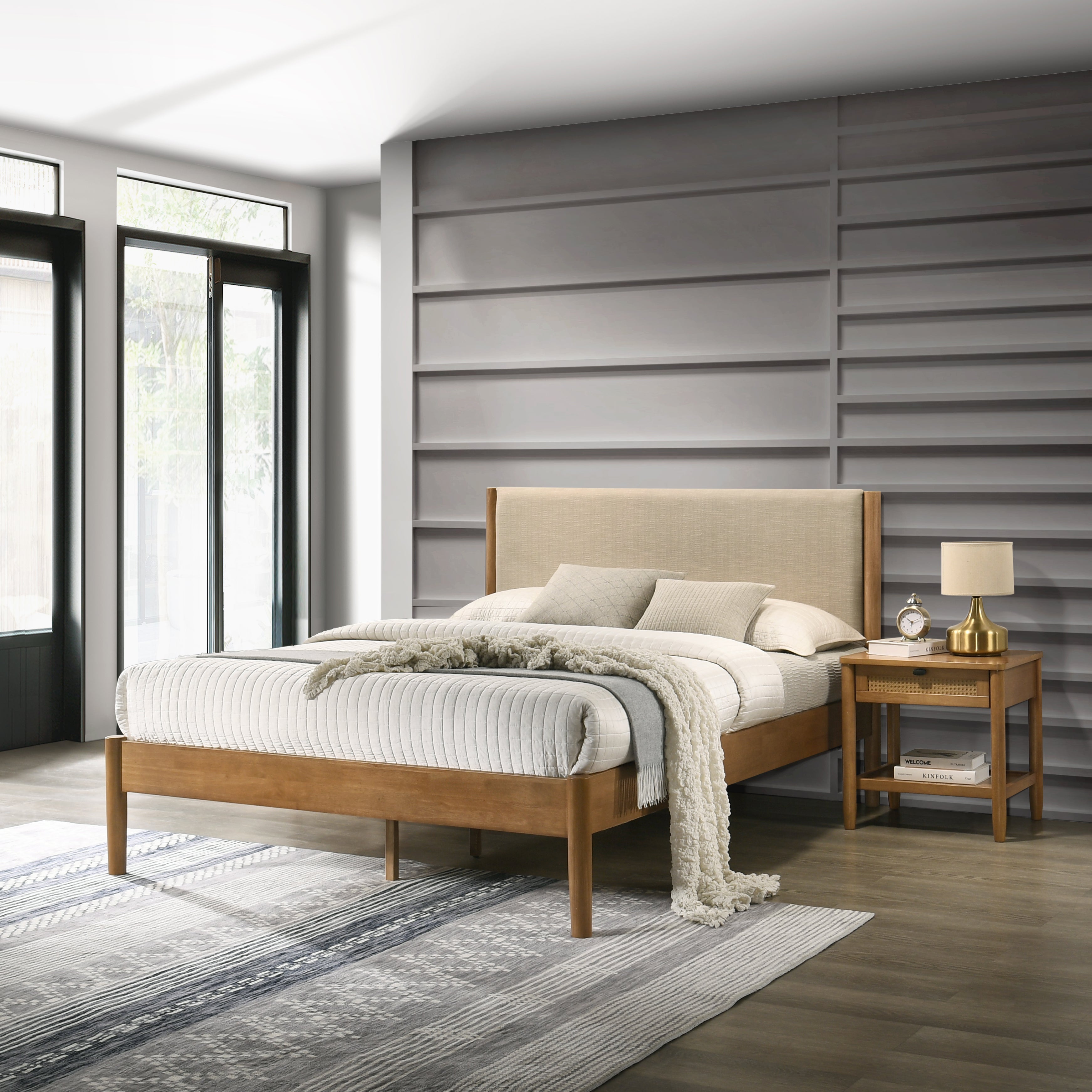 Roundhill Furniture Vichy 2-Piece Rubberwood Bedroom Set - Platform Bed with Nightstand for Modern Home Decor | Durable Wooden Bed Frame & Matching Side Table for Master Bedroom or Guest Room
