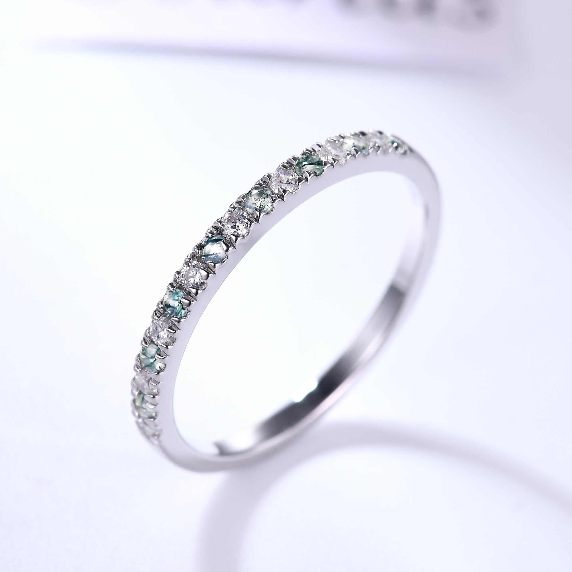 Elegant Moss Agate Wedding Band in White Gold with Moissanite - 2mm Half Eternity Stacking Ring for Women | Perfect for Bridal Jewelry, Anniversary Gifts & Everyday Wear
