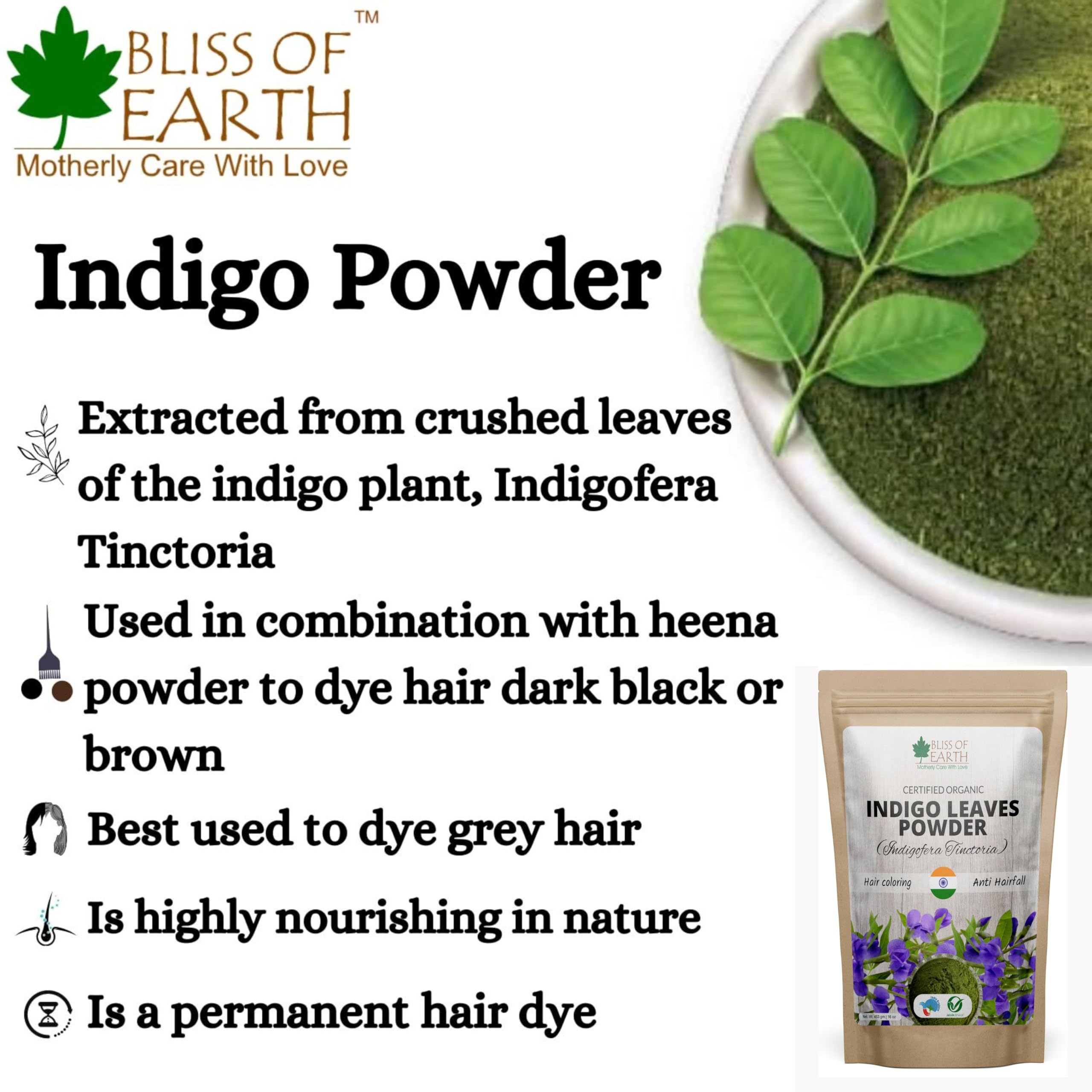 Organic Indigo Powder for Natural Hair Dye - Bliss of Earth 100% Pure Herbal Hair Color (Pack of 2 x 453g) - Safe Gray Coverage & DIY Henna Mix for Men & Women