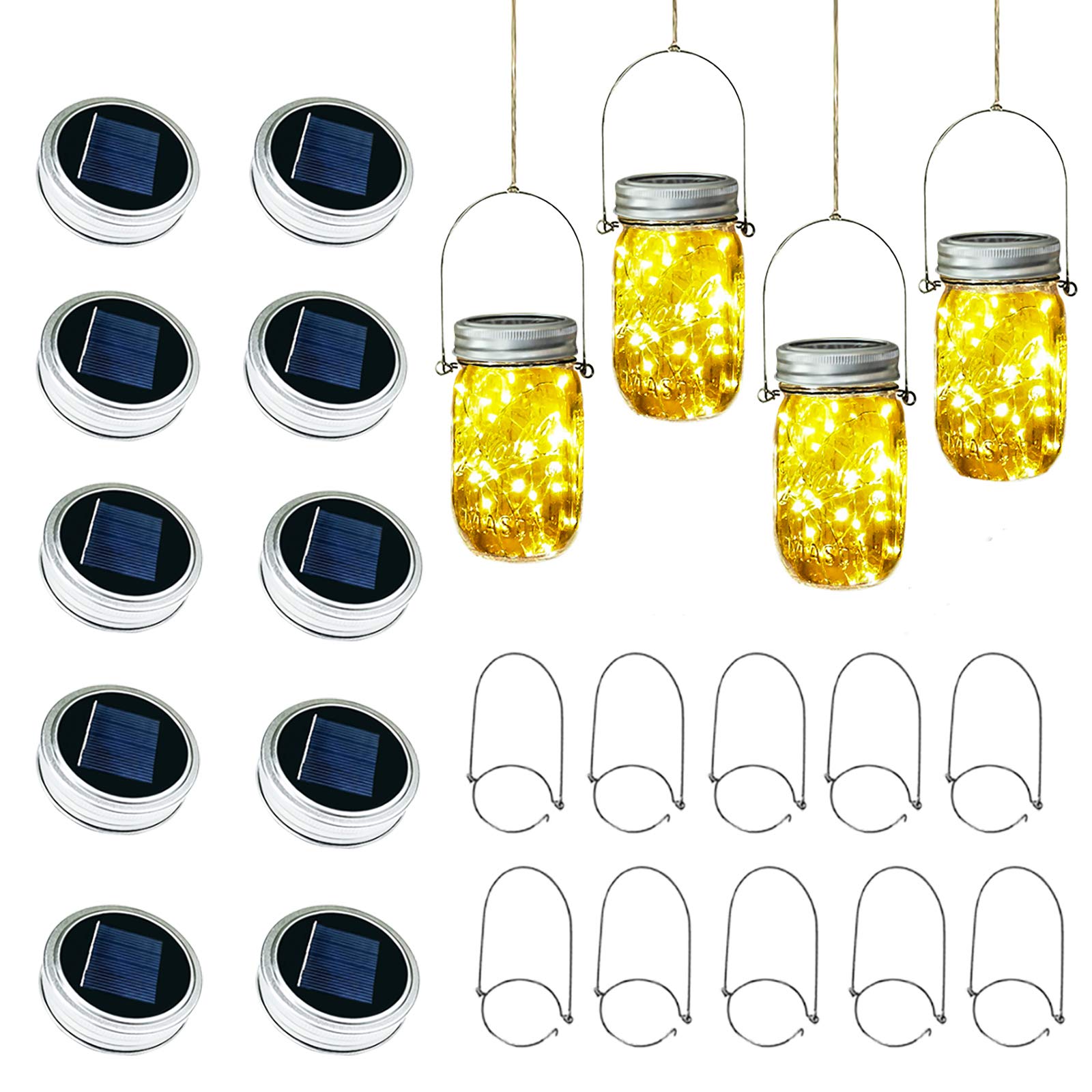 Solar Mason Jar Lid Lights - 10 Pack 30 LED String Fairy Lights with Hangers for Mason Jar Decor | Waterproof Outdoor Solar Lanterns for Patio, Garden, Wedding, Party & Table Decoration (Jars Not Included)