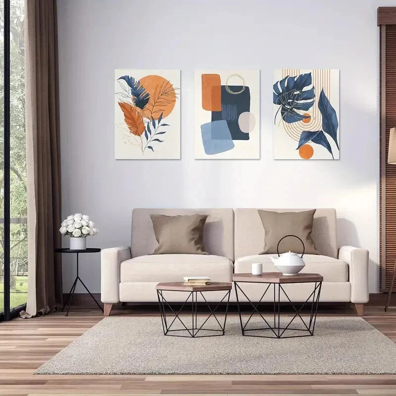 3-Piece Mid Century Modern Minimalist Metal Wall Art - Ready to Hang Canvas Prints for Living Room, Bedroom & Office Decor