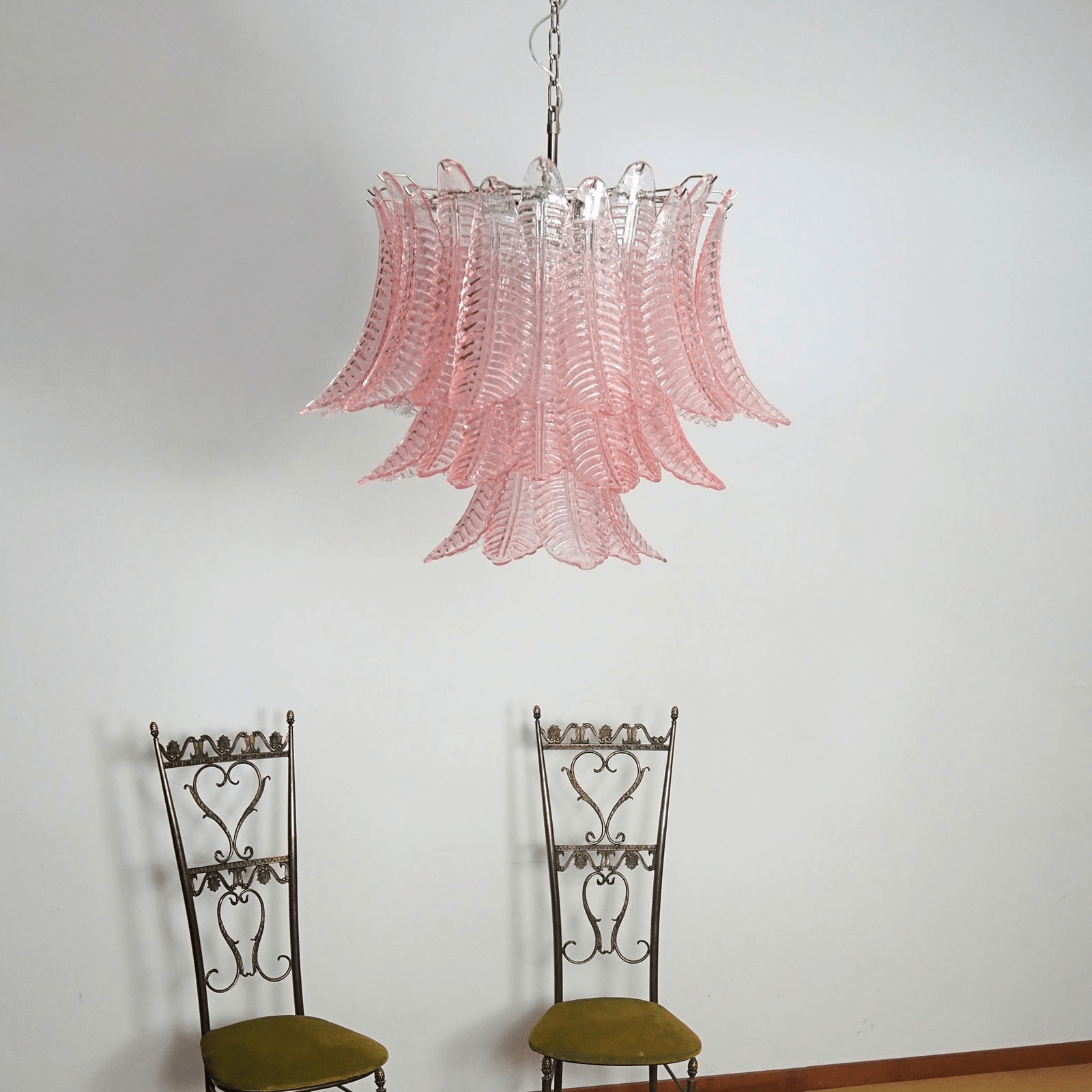 Murano Pink Glass Leaf Chandelier - Handcrafted Venetian Crystal Ceiling Light Fixture for Dining Room, Living Room & Bedroom Decor