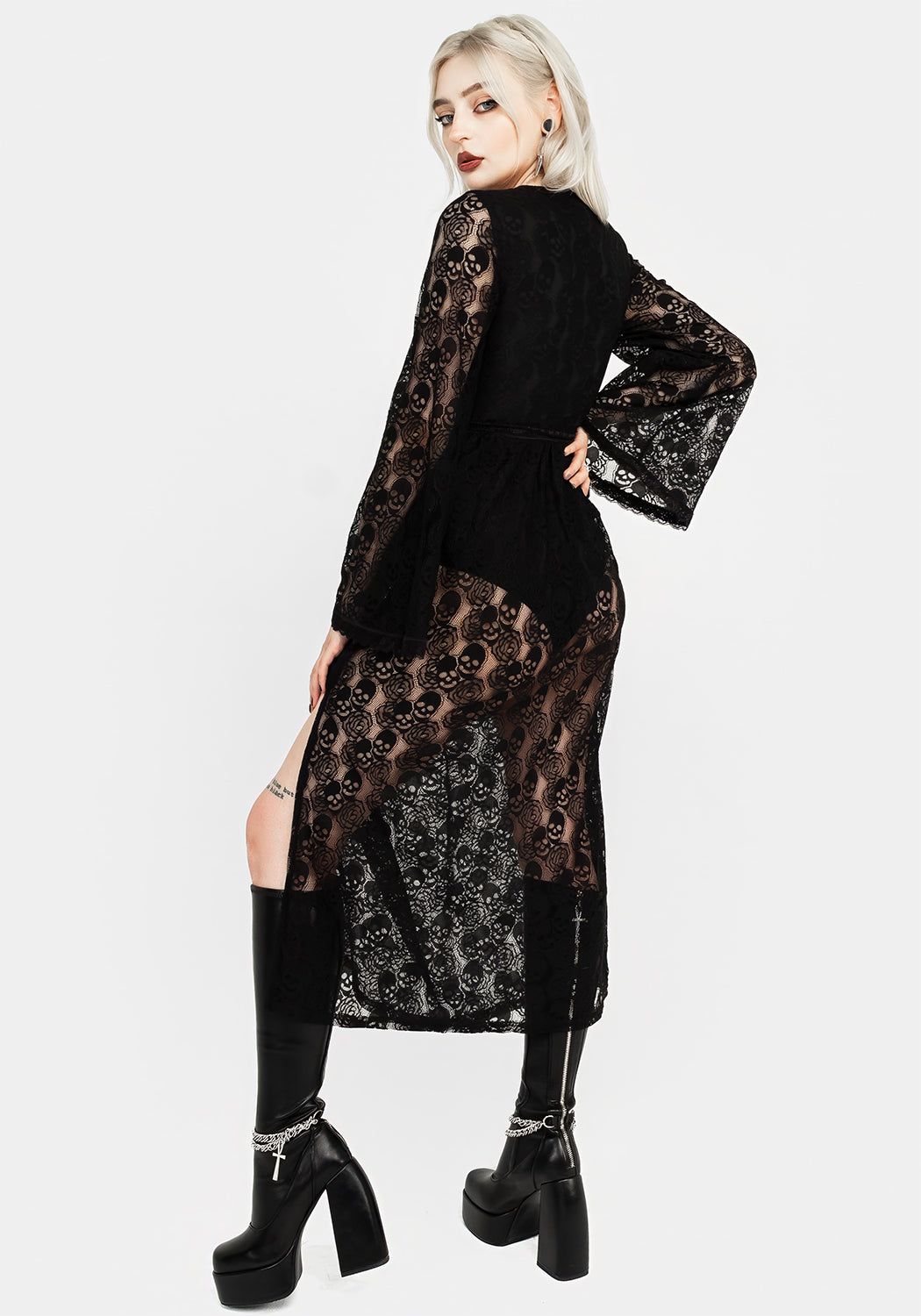 Morella Sheer Skull Lace Bodysuit Midaxi Dress - Gothic Lingerie & Evening Party Outfit for Women