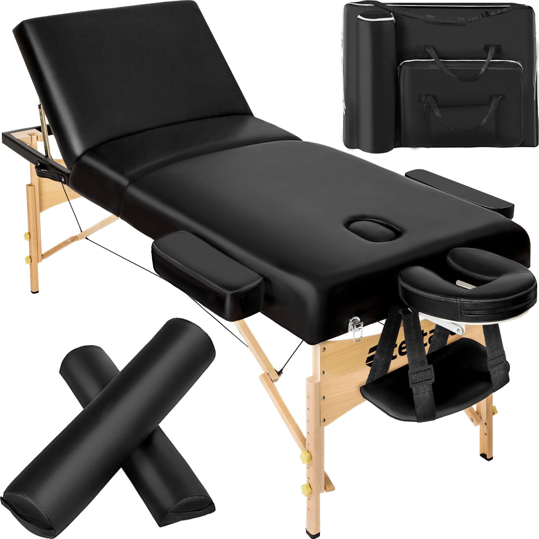 TecTake® Professional Folding Massage Table - 3 Zone Ergonomic Design for Massage & Relaxation - Portable Wooden Massage Bed with Carry Case & Accessories - Perfect for Home, Spa, and Professional Use - Black