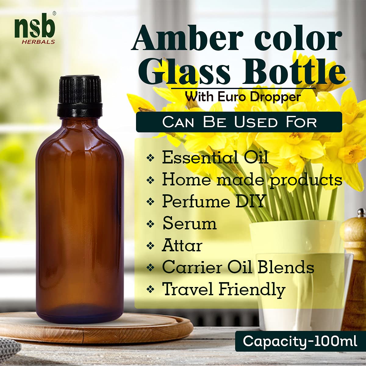 NSB Herbals 100ml Amber Round Empty Glass Bottle with Euro Dropper & Black Cap - Refillable, Reusable, Leak Proof Essential Oil Bottles for DIY Perfumes, Face Oils & Aromatherapy Blends (Pack of 3) - Perfect for Home Spa, Gift Making & Travel Size Storage