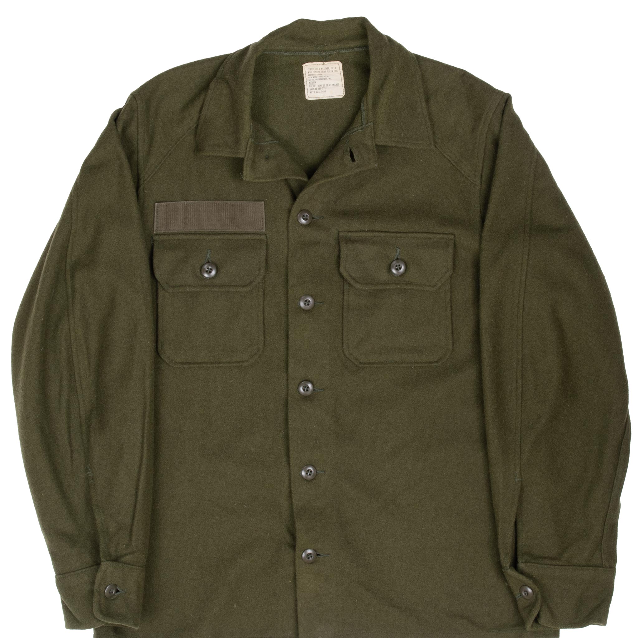 Vintage US Army OG-108 Wool Shirt with Patches - Medium Size, 1977 Issue - Authentic Military Surplus for Outdoor, Camping & Collectors