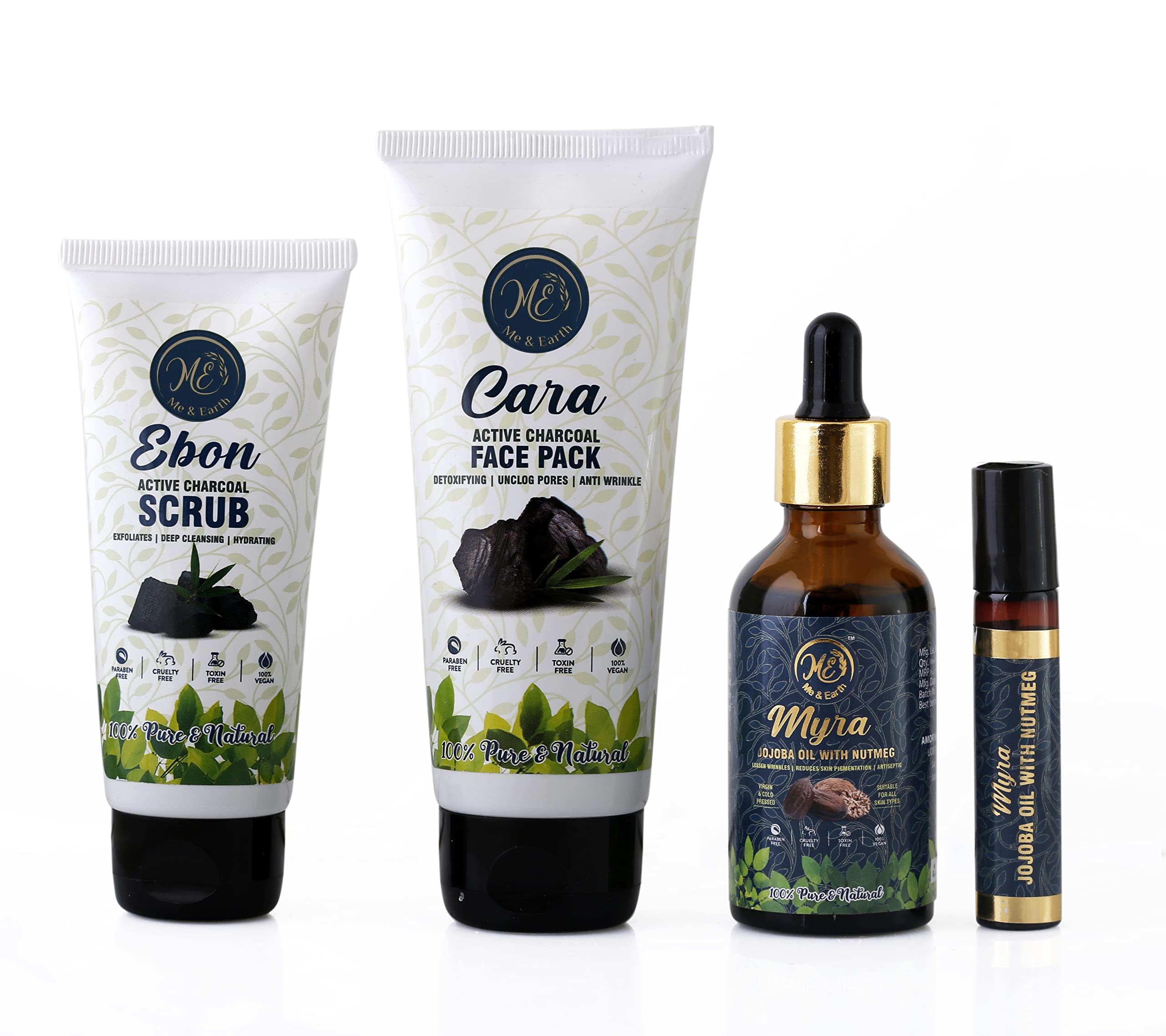 Me And Earth Charcoal Skincare Combo Pack - 60gm Charcoal Scrub, 100gm Charcoal Face Mask & 50ml Jojoba Oil | Deep Cleansing, Detox & Hydration for Acne-Prone & Oily Skin | Perfect for Daily Skincare Routine & Spa Night