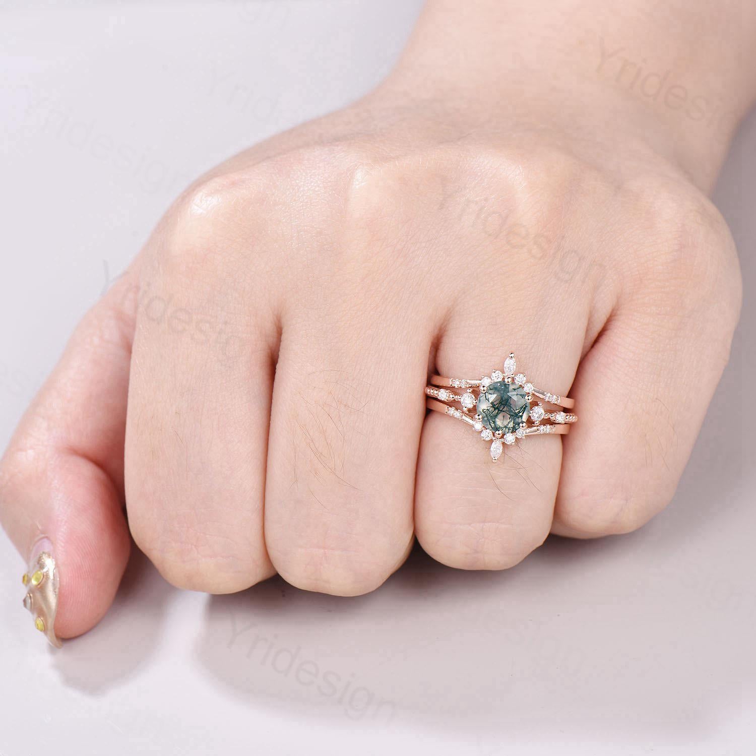 1 Carat Round Moss Agate Engagement Ring Set in 10K/14K/18K Rose Gold - Vintage Wedding Ring with Double Enhancer & Moissanite Diamond Stacking Band - Perfect for Proposals, Anniversaries, and Bridal Jewelry Collections