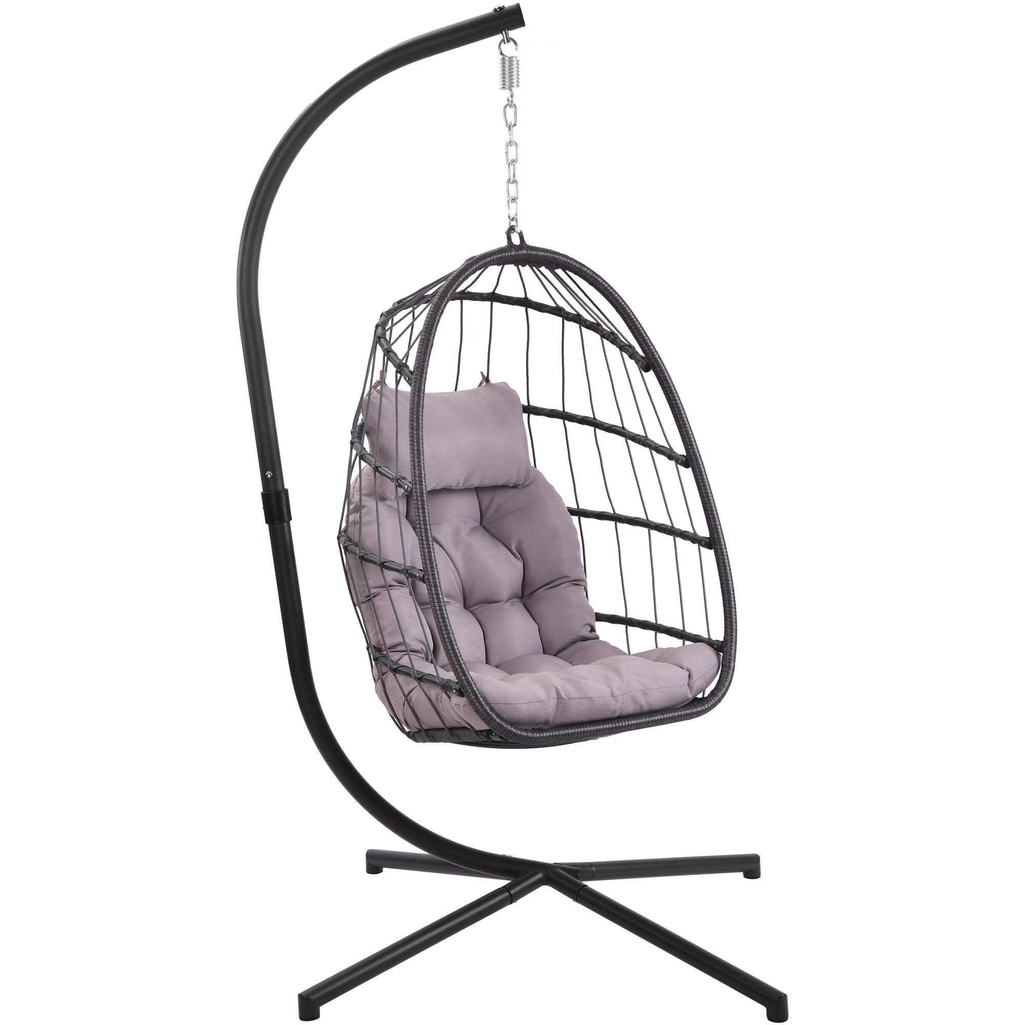 Outdoor Aluminum Frame Wicker Hanging Egg Chair with UV-Resistant Brown Cushion & Pillow - Patio Swing Chair for Garden, Balcony, Backyard Relaxation (Grey)