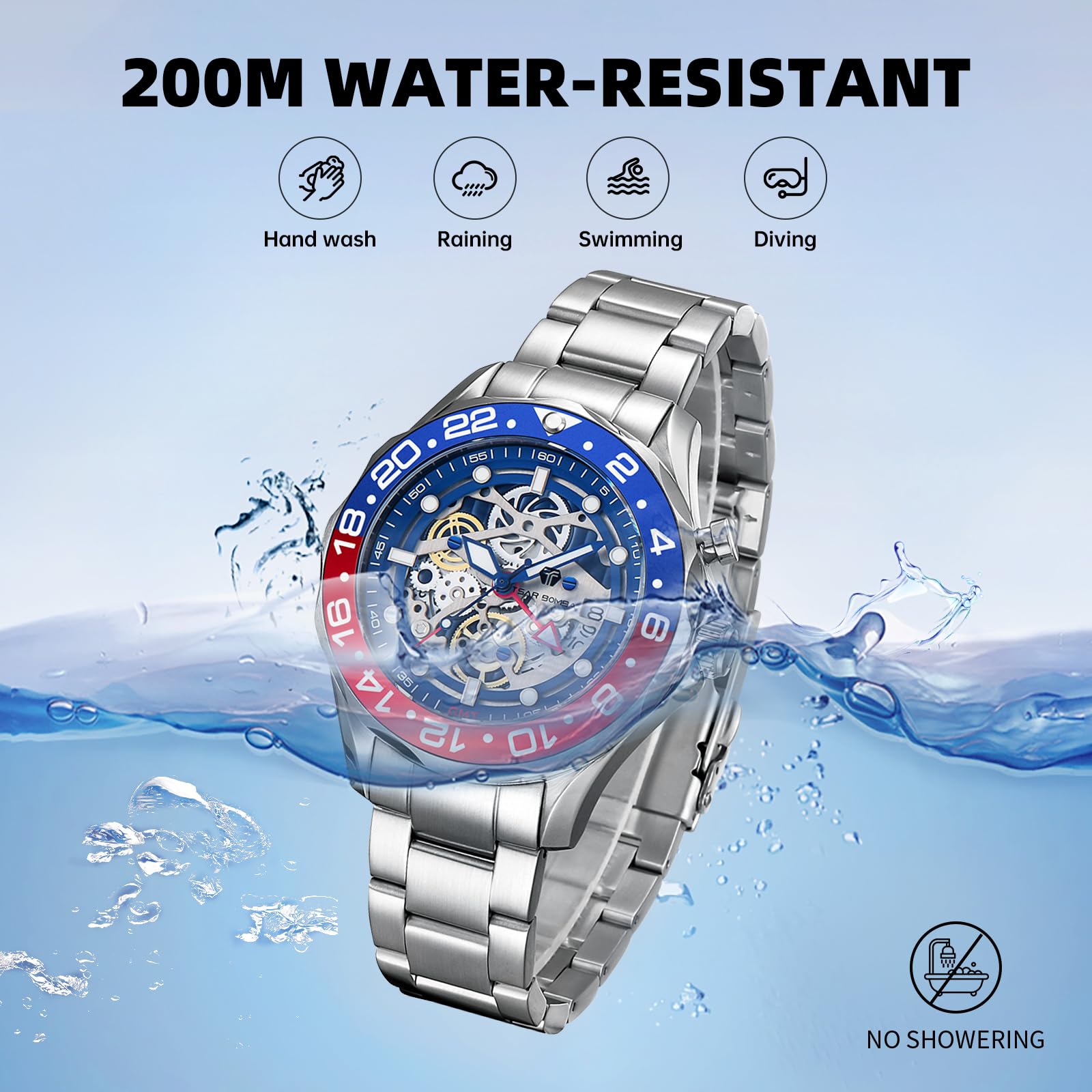 **TSAR BOMBA Luxury Automatic Square Skeleton Watch for Men – 50M Waterproof Mechanical Silver Wrist Watch with Silicone Strap – Stylish & Unique Replica Tonneau Design – Perfect for Business, Casual & Formal Occasions**