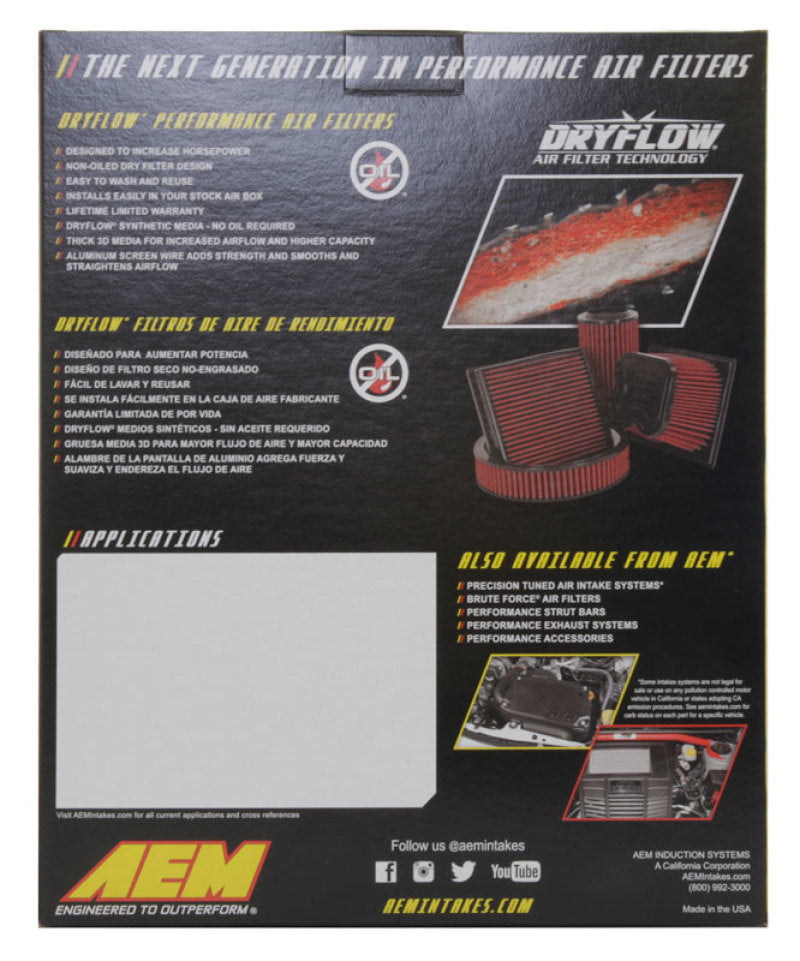 AEM 12-20 Chevrolet Malibu 1.5L/1.8L/2.0L High Performance DryFlow Air Filter - Replacement Air Intake Filter for Improved Engine Power & Fuel Efficiency