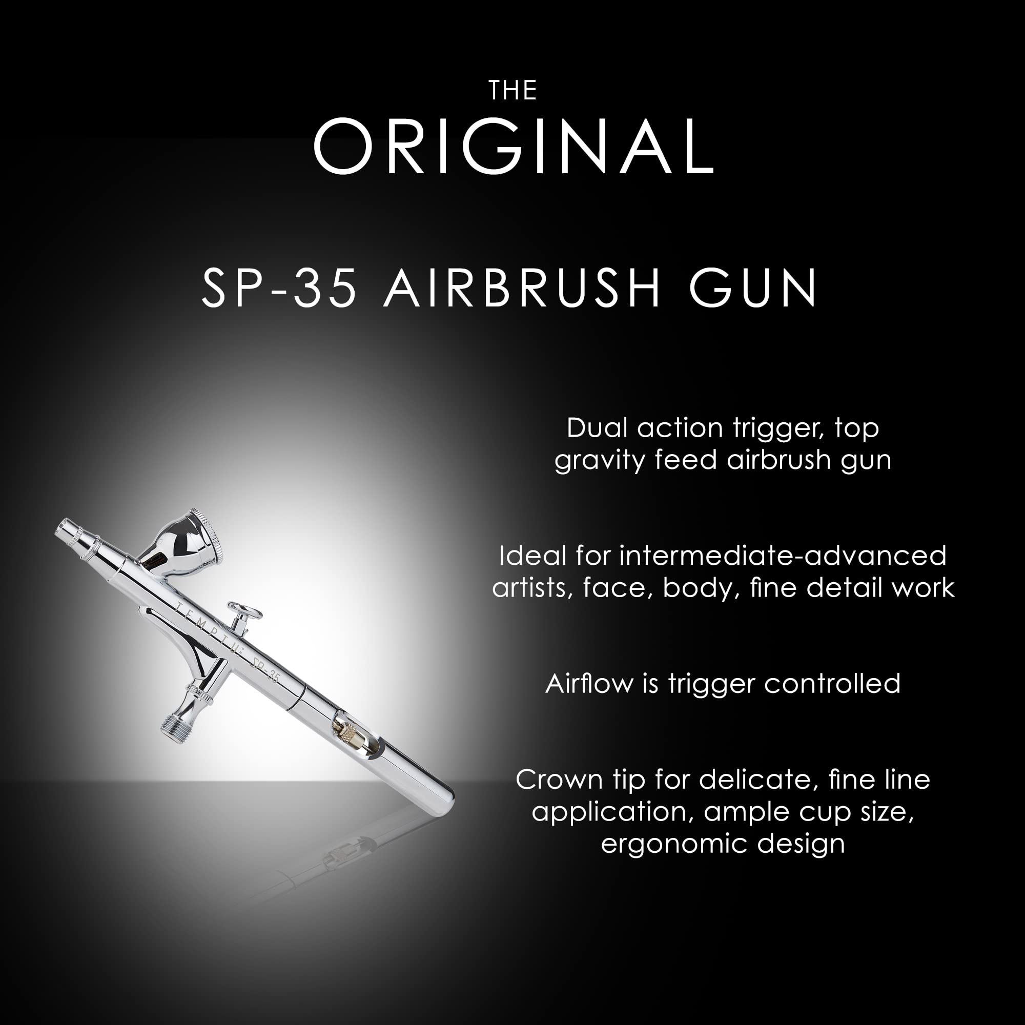 TEMPTU SP-35 Dual Action Airbrush Gun - Professional Gravity Feed Airbrush for Makeup, Body Art & Fine Detail Work with Push-Pull Trigger & Storage Case | Perfect for Cosmetic Artists, Tattoo Shading & Model Painting
