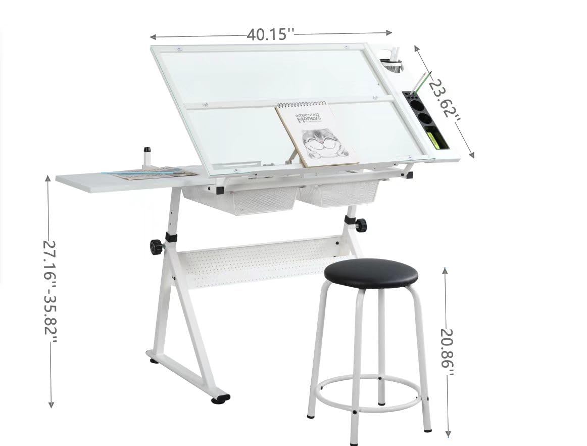 Adjustable Drafting Table with Stool - Tilting Tempered Glass Top Art Desk for Painting, Drawing & Crafting - 2 Storage Drawers, Height Adjustable White Workstation (Perfect for Artists, Architects & Hobbyists)
