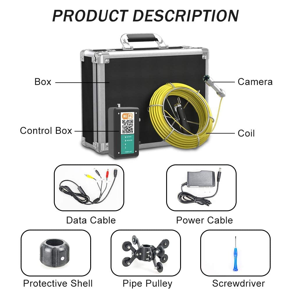 Sanyipace 165FT/50M WiFi Sewer Inspection Camera with Wireless Transmission, IP68 Waterproof Drain Camera with LED Lights & 7