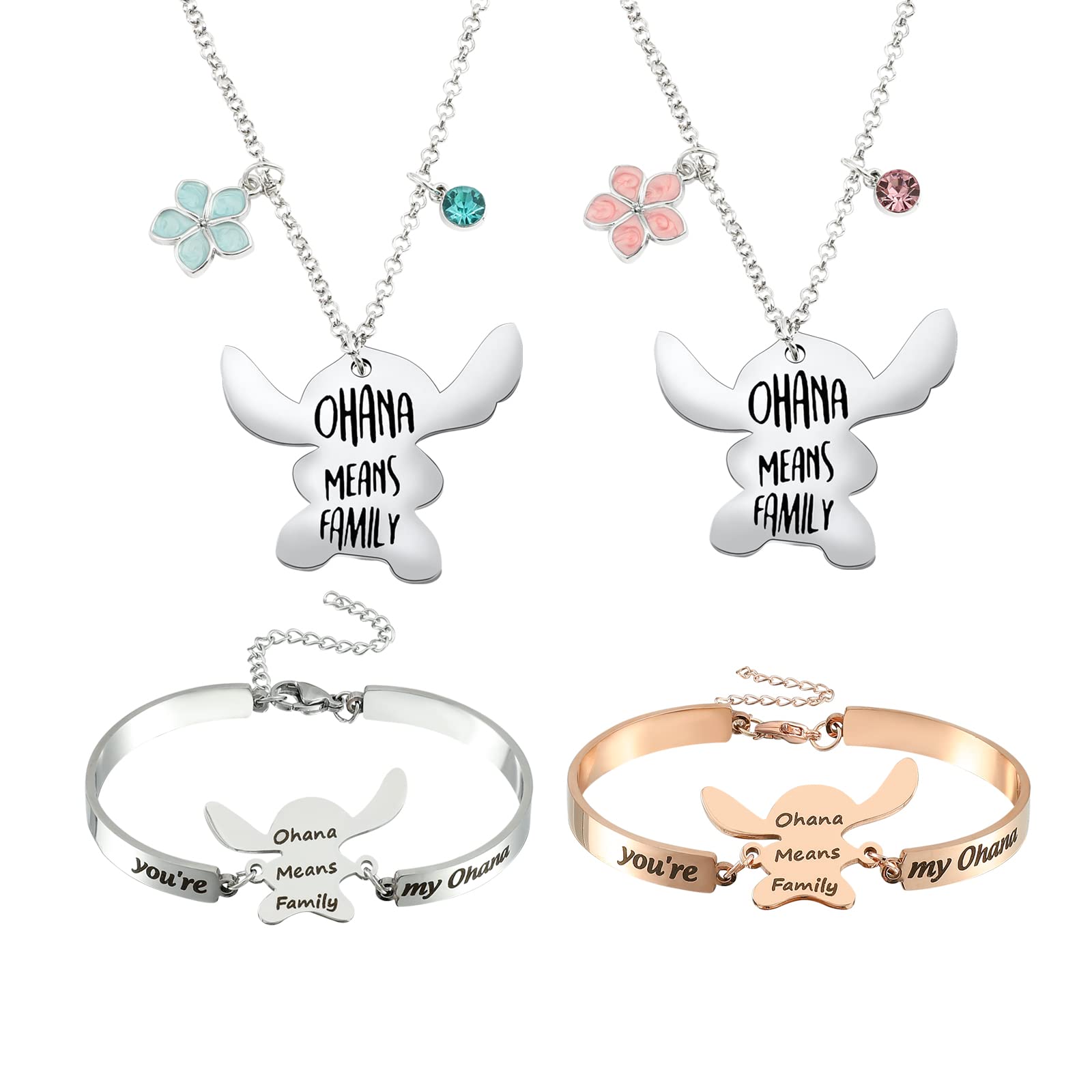 Ohana Stitch Necklace & Bracelet Set with Birthstone - Gift for Stitch Lovers | Disney Jewelry for Women & Kids