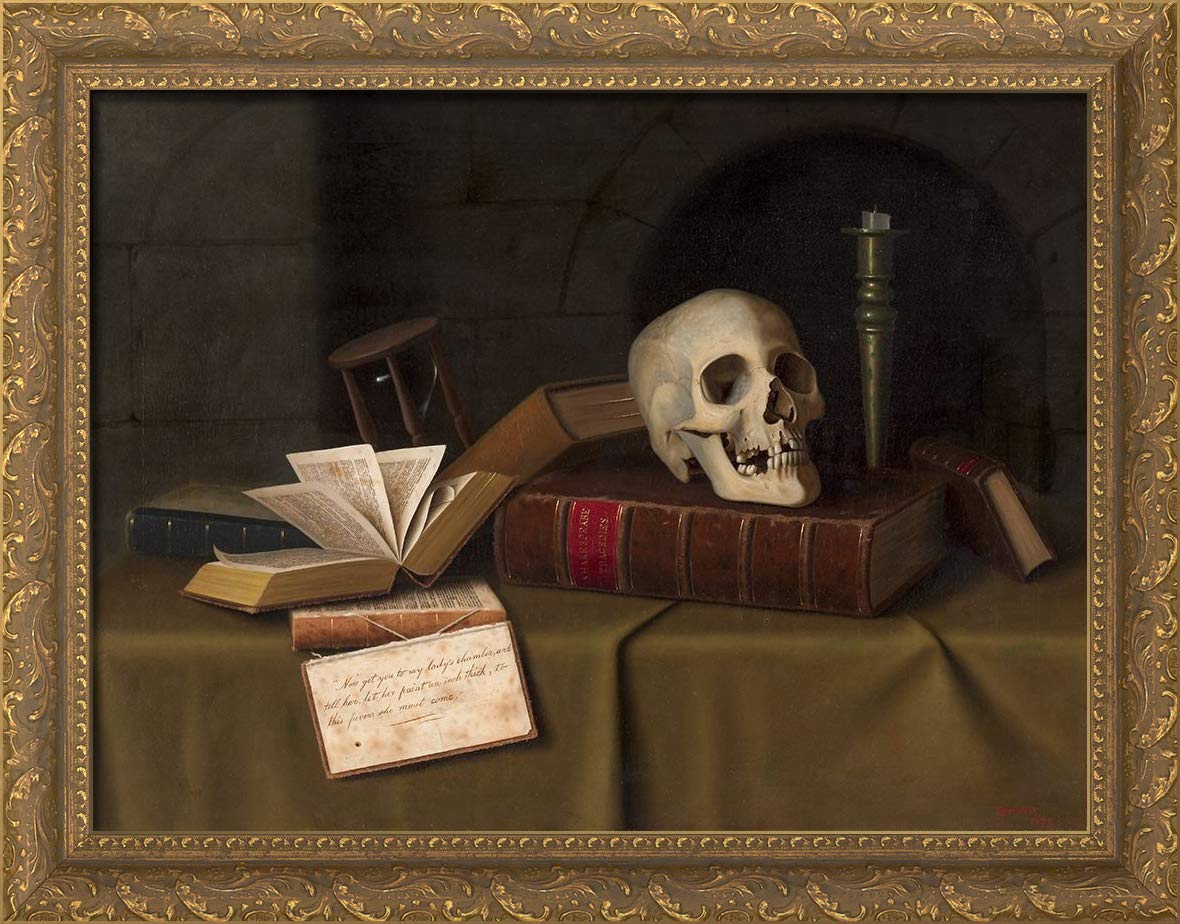 William Michael Harnett 'Memento Mori' 36x28 Large Gold Ornate Framed Canvas Art Print - Vintage Still Life Painting for Home Decor, Office Wall Art & Gift