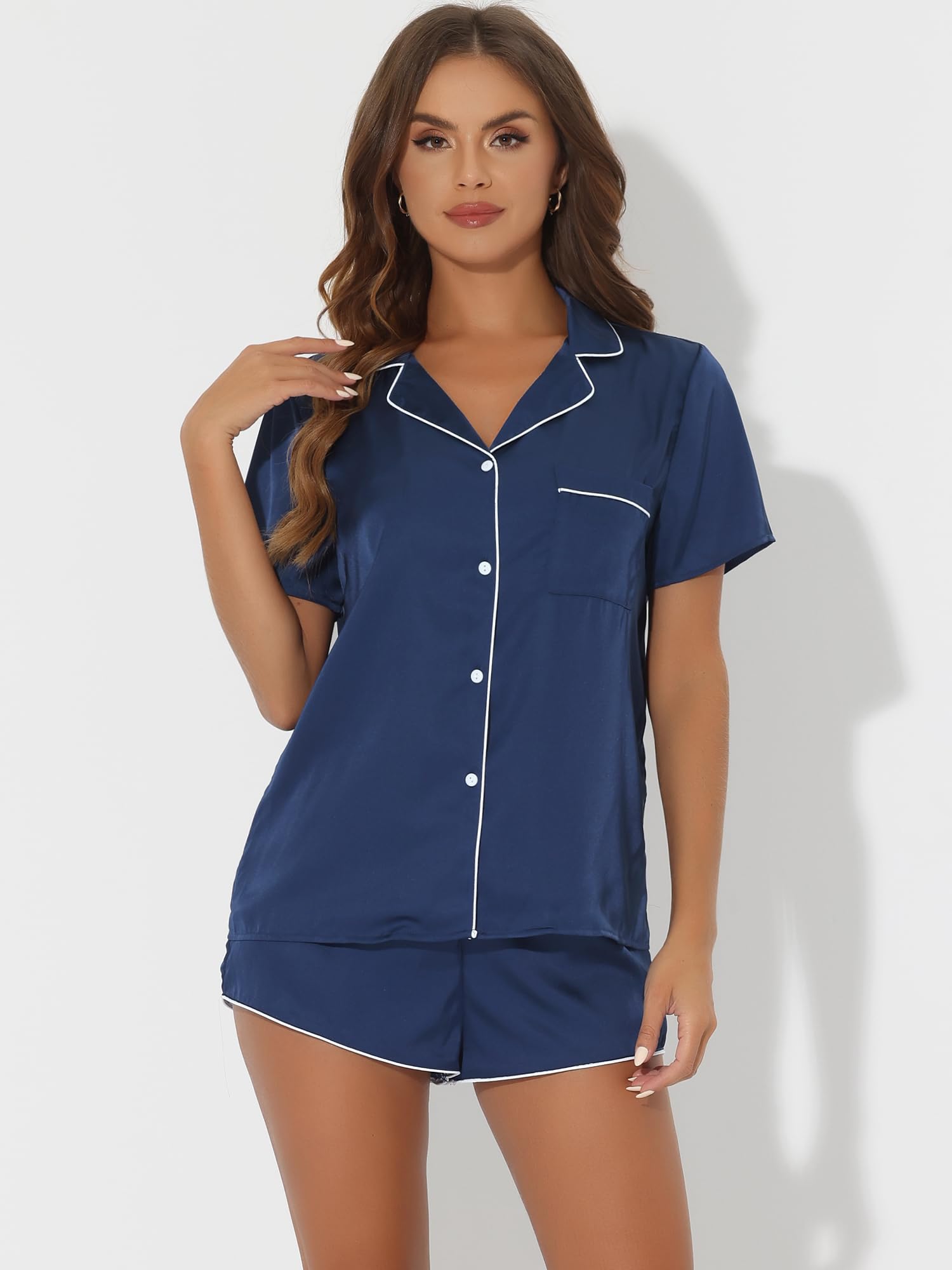 Cheibear Women's Satin Pajama Set - Soft Sleepwear Shorts & Top Lounge Outfit for Comfortable Nightwear & Relaxing at Home - Perfect for Sleepovers, Vacations and Cozy Evenings