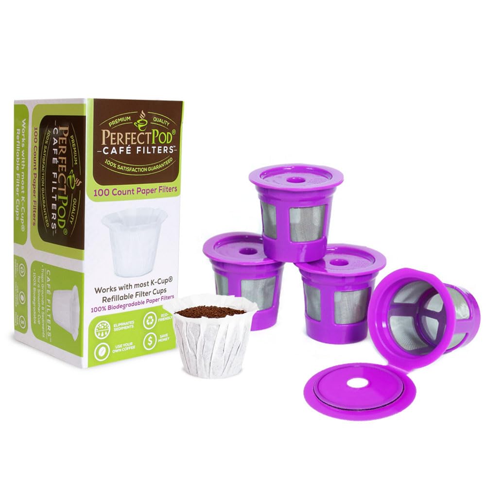 Eco-Friendly Reusable K Cup Coffee Pods 4-Pack with 100 Disposable Paper Filters | Compatible with Keurig & Most Single-Serve Coffee Makers | Perfect for Home, Office & Camping Use